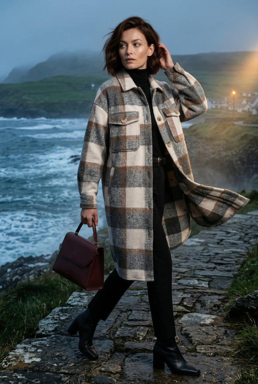 Checked Button-front Long Plaid Coat with Chest Pockets | Senna