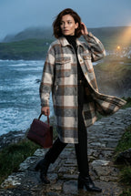Checked Button-front Long Plaid Coat with Chest Pockets | Senna