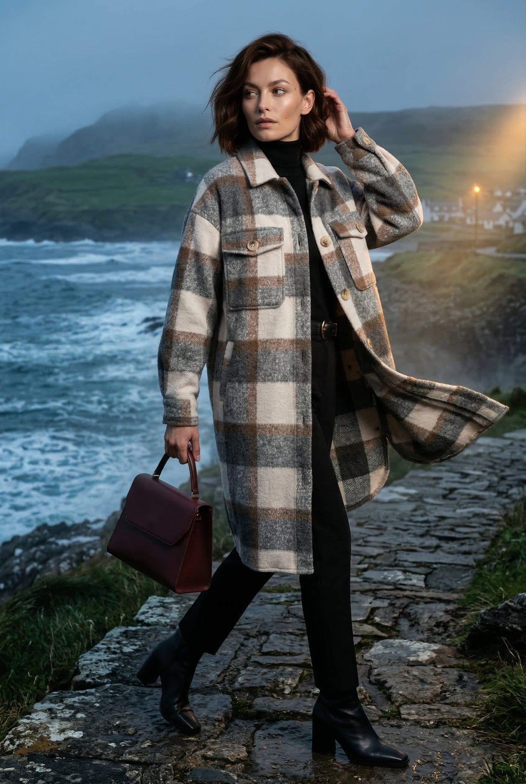 Checked Button-front Long Plaid Coat with Chest Pockets | Senna