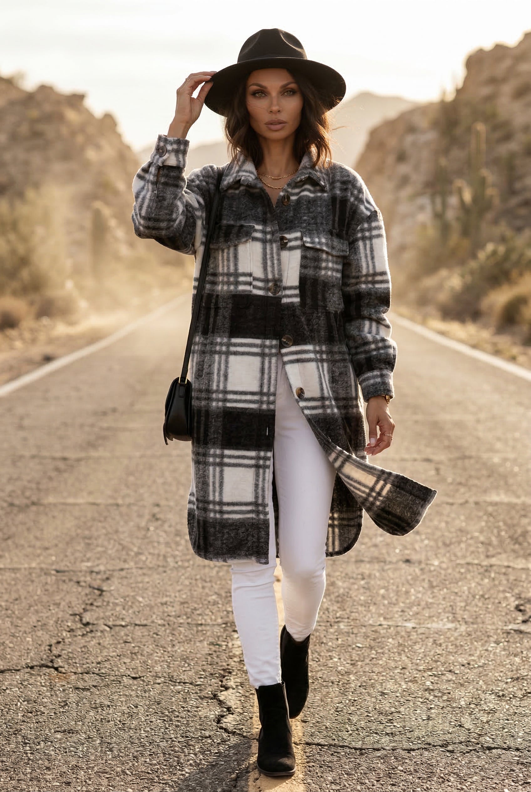 Checked Button-front Long Plaid Coat with Chest Pockets | Senna