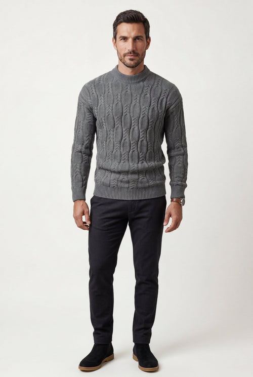 Chunky Cable Crewneck Sweater with Ribbed Hem | Liam