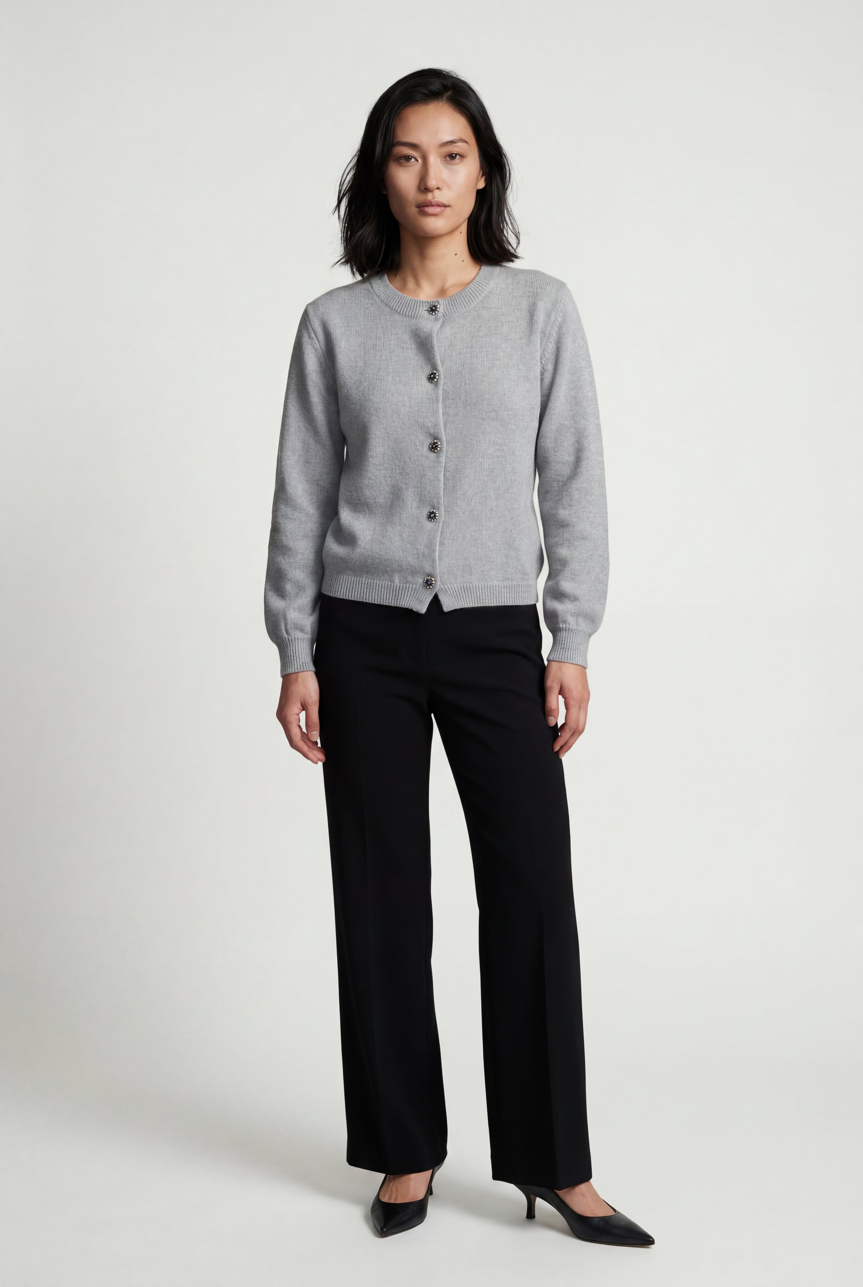 Crew Neck Cropped Button-up Cardigan with Ribbed Hem | Senna