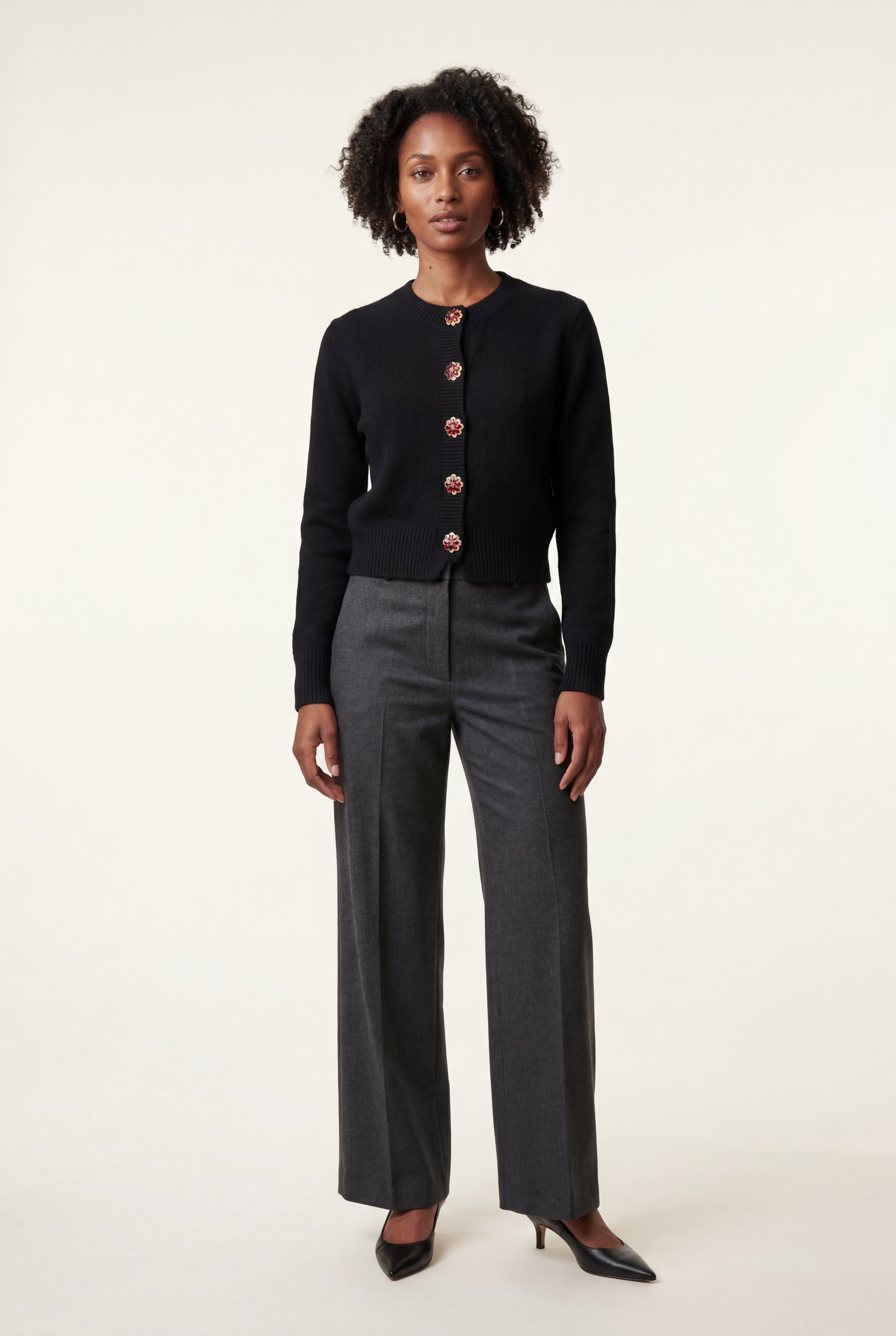 Crew Neck Cropped Button-up Cardigan with Ribbed Hem | Senna