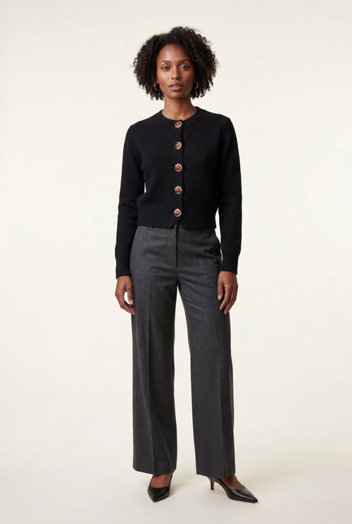 Crew Neck Cropped Button-up Cardigan with Ribbed Hem | Senna