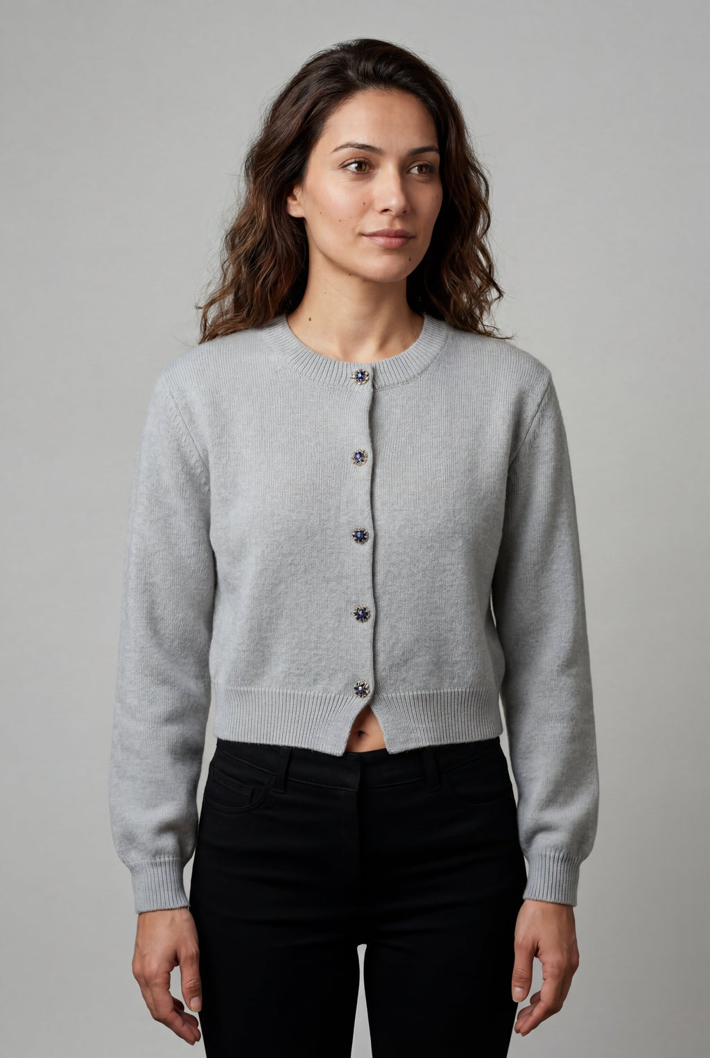 Crew Neck Cropped Button-up Cardigan with Ribbed Hem | Senna