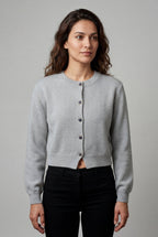 Crew Neck Cropped Button-up Cardigan with Ribbed Hem | Senna