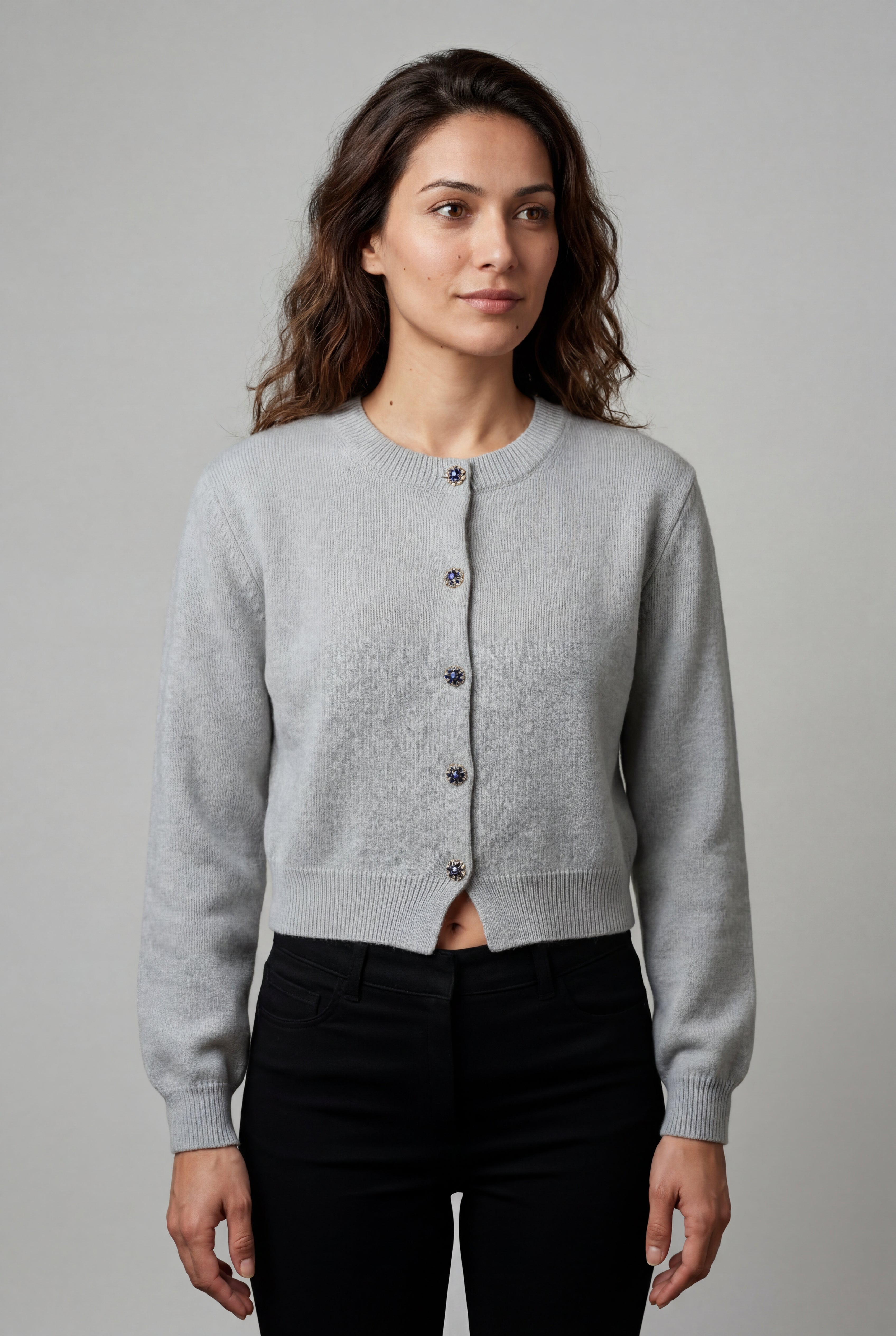Crew Neck Cropped Button-up Cardigan with Ribbed Hem | Senna