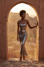 Elcevi | Liquid Metallic Bodycon Maxi Dress with Cami Straps For Women