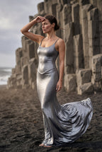 Elcevi | Liquid Metallic Bodycon Maxi Dress with Cami Straps For Women