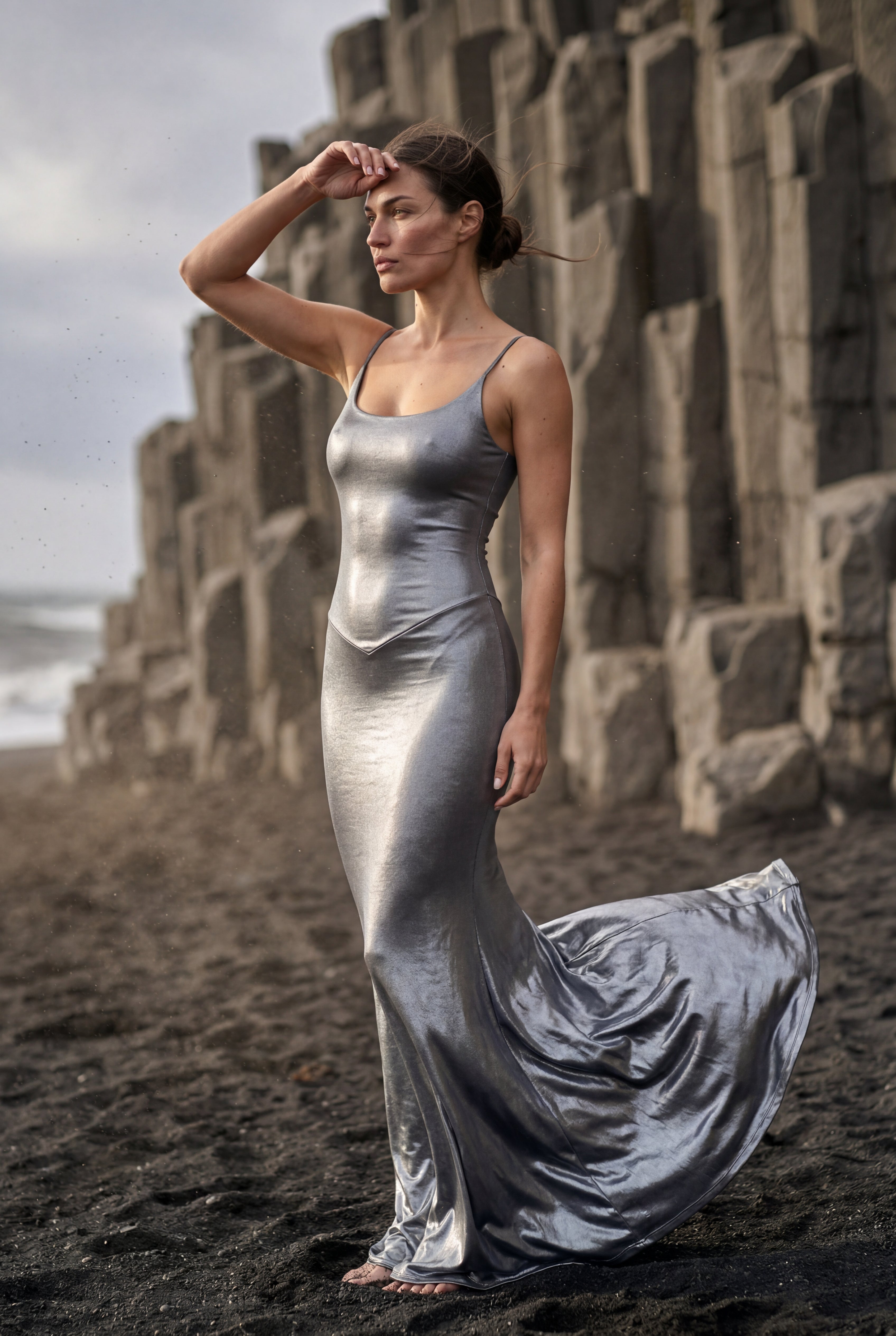 Elcevi | Liquid Metallic Bodycon Maxi Dress with Cami Straps For Women