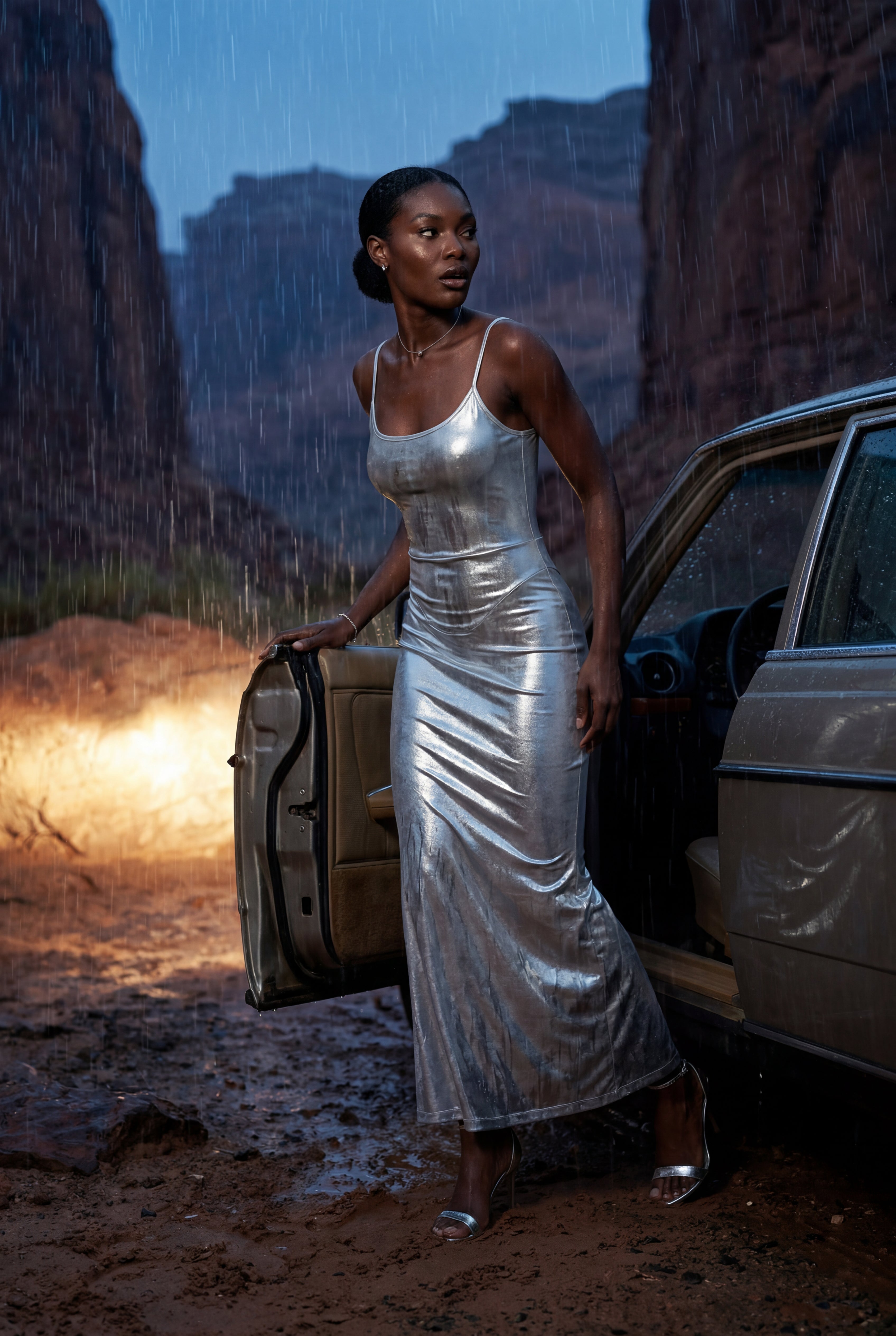 Elcevi | Liquid Metallic Bodycon Maxi Dress with Cami Straps For Women