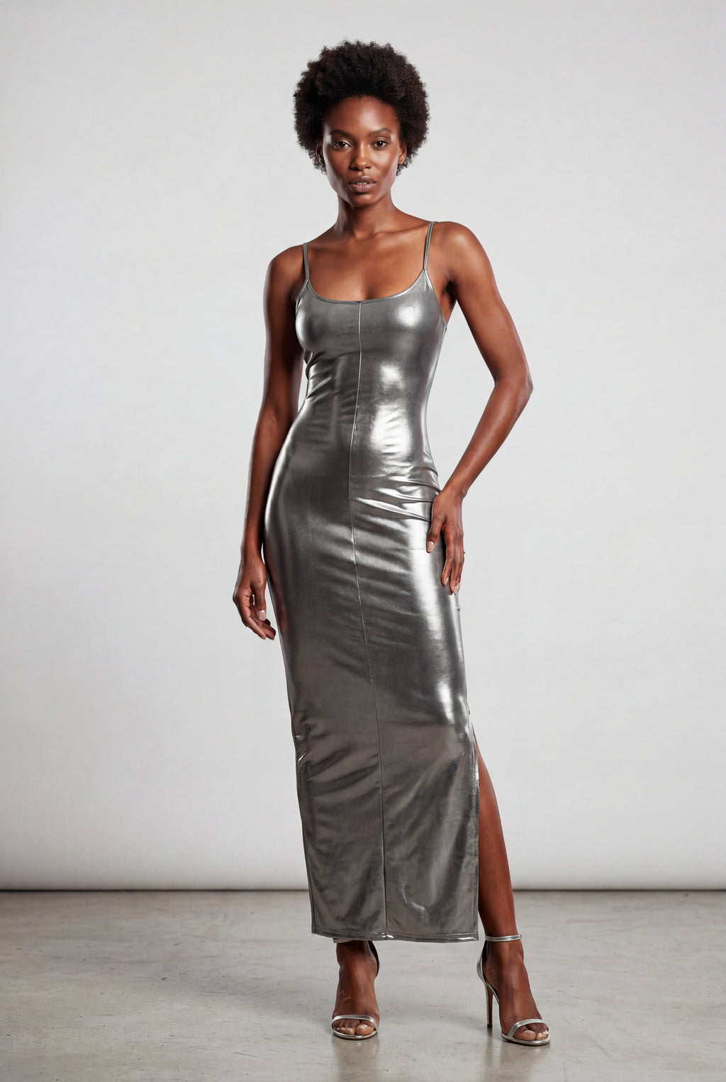 Elcevi | Liquid Metallic Bodycon Maxi Dress with Cami Straps For Women