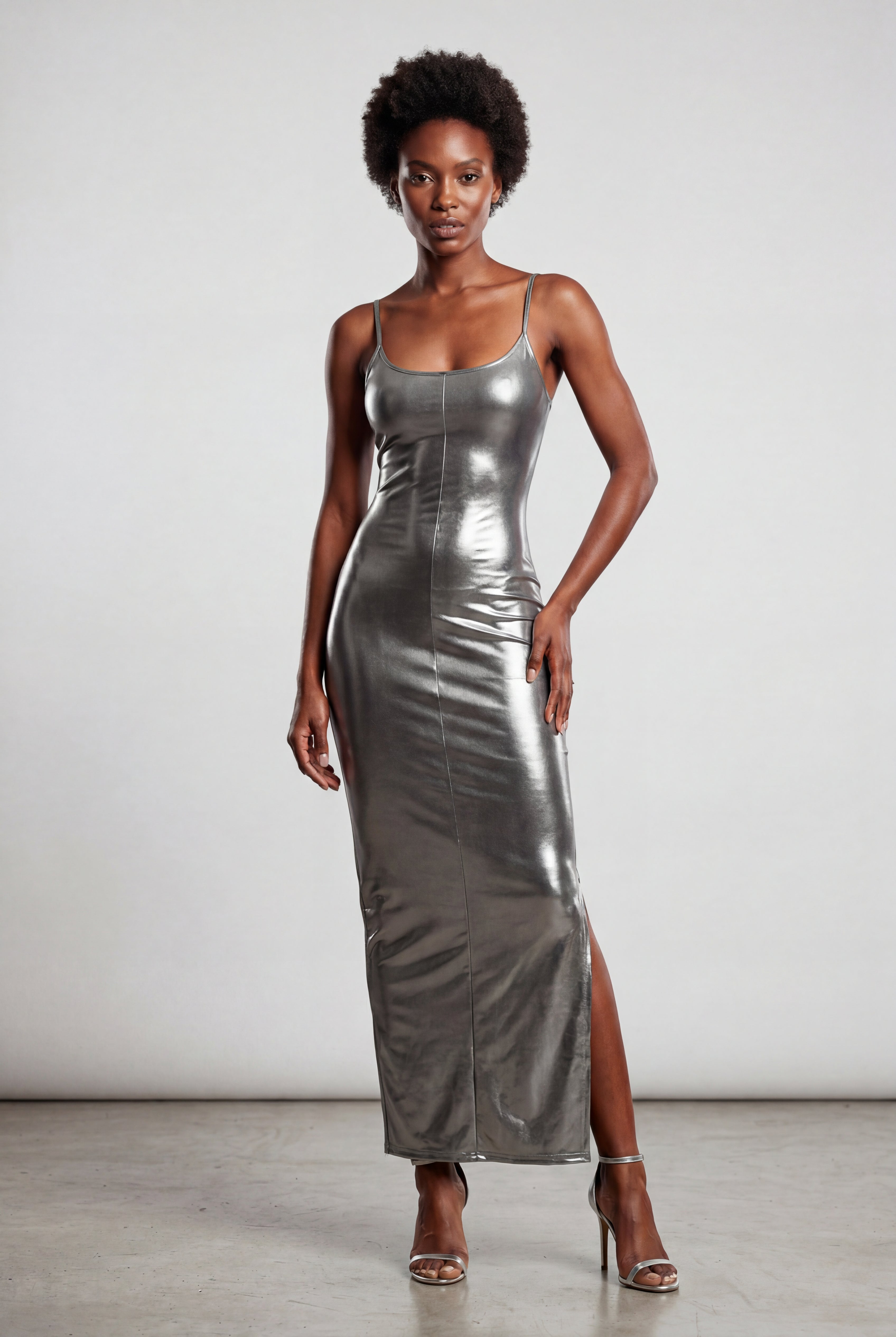 Elcevi | Liquid Metallic Bodycon Maxi Dress with Cami Straps For Women