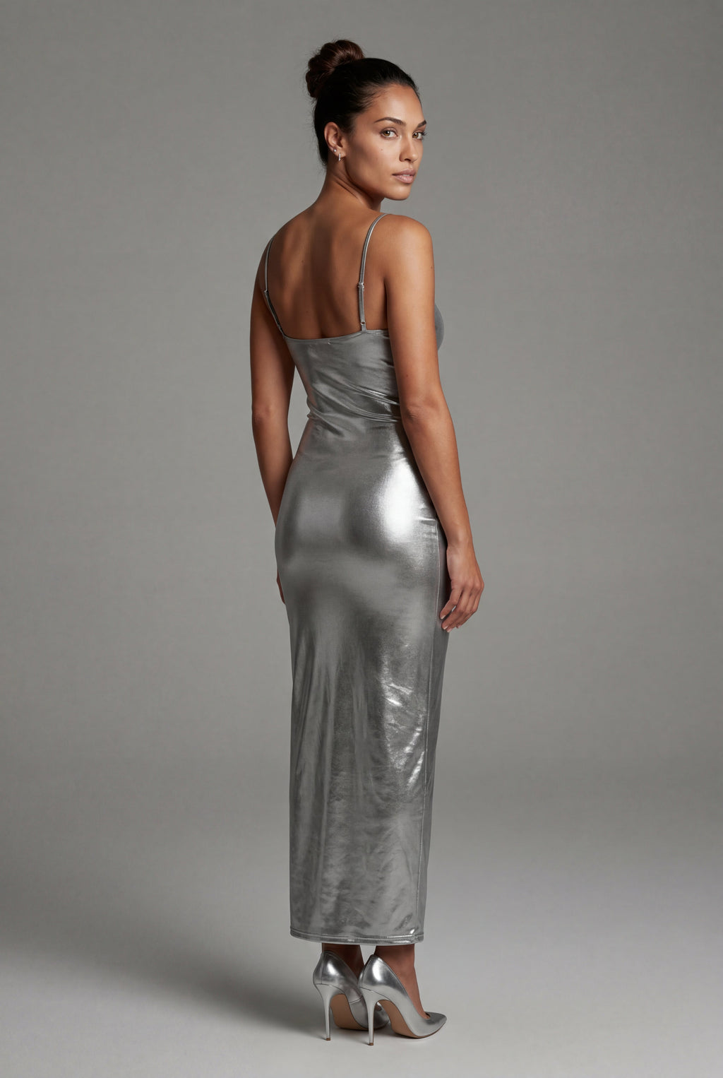Elcevi | Liquid Metallic Bodycon Maxi Dress with Cami Straps For Women