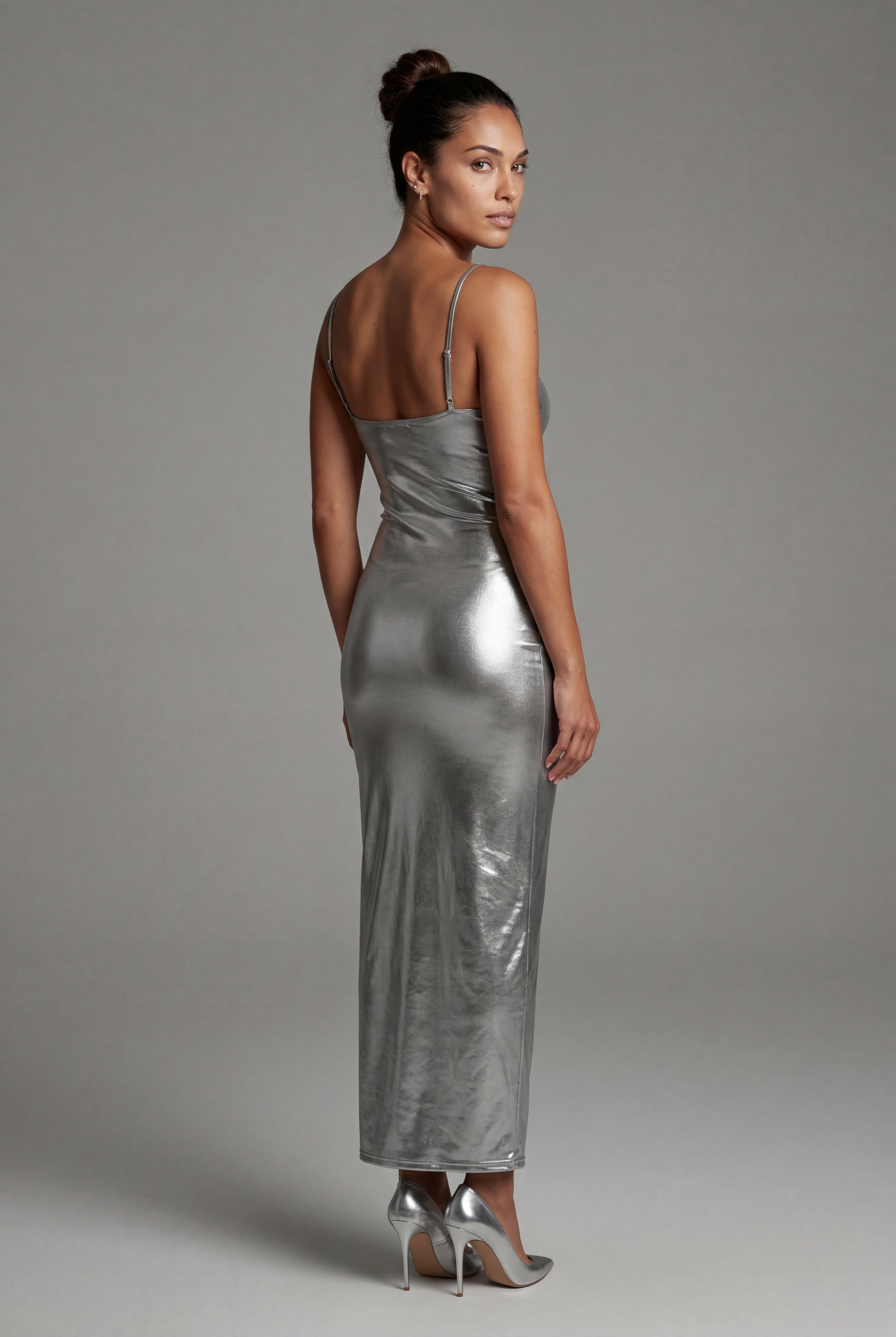 Elcevi | Liquid Metallic Bodycon Maxi Dress with Cami Straps For Women