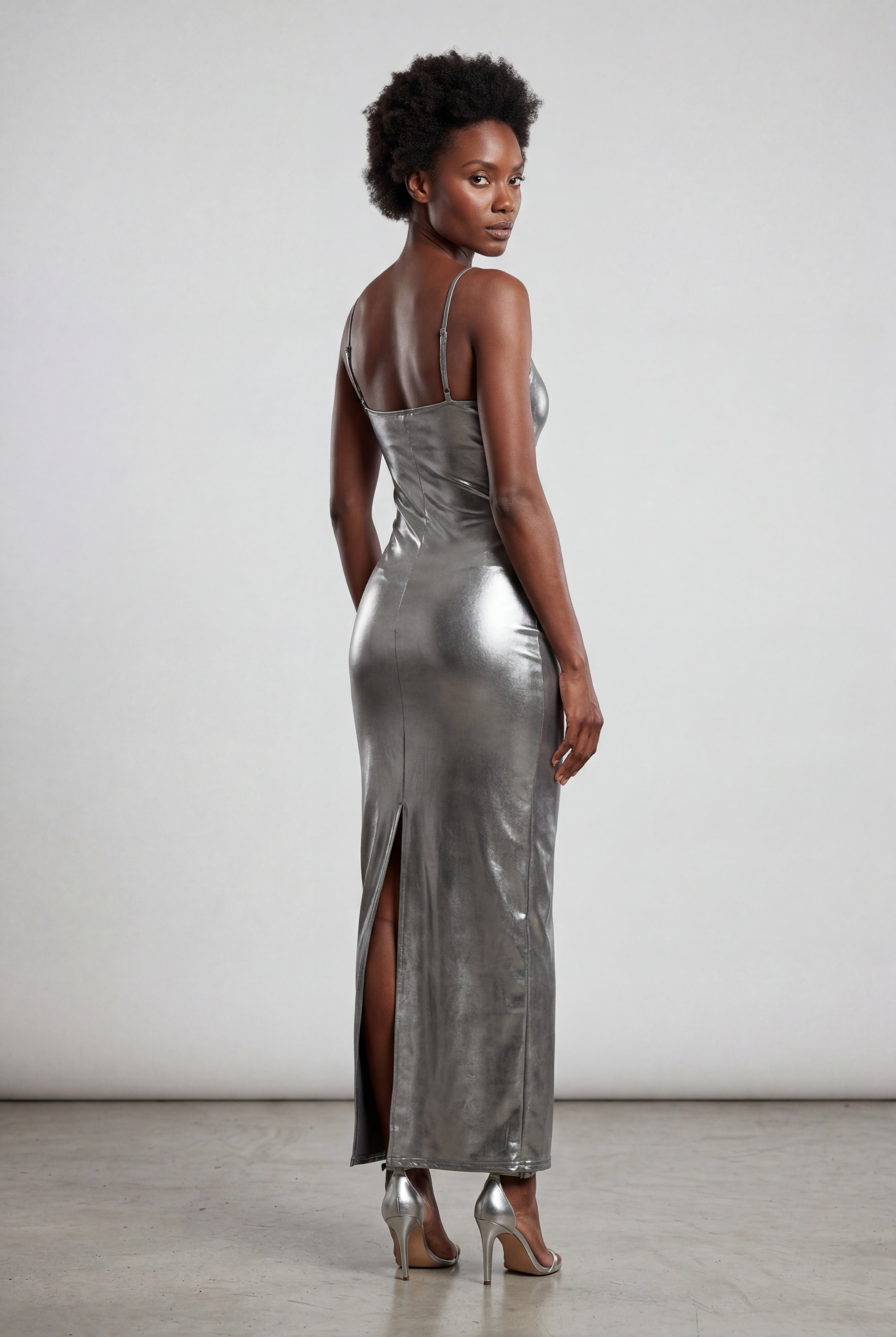 Elcevi | Liquid Metallic Bodycon Maxi Dress with Cami Straps For Women