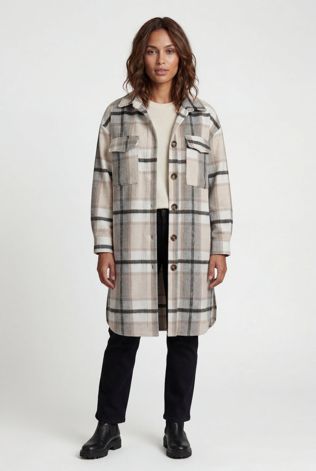 Kim | Oversized Plaid Shirt Coat with Patch Pockets