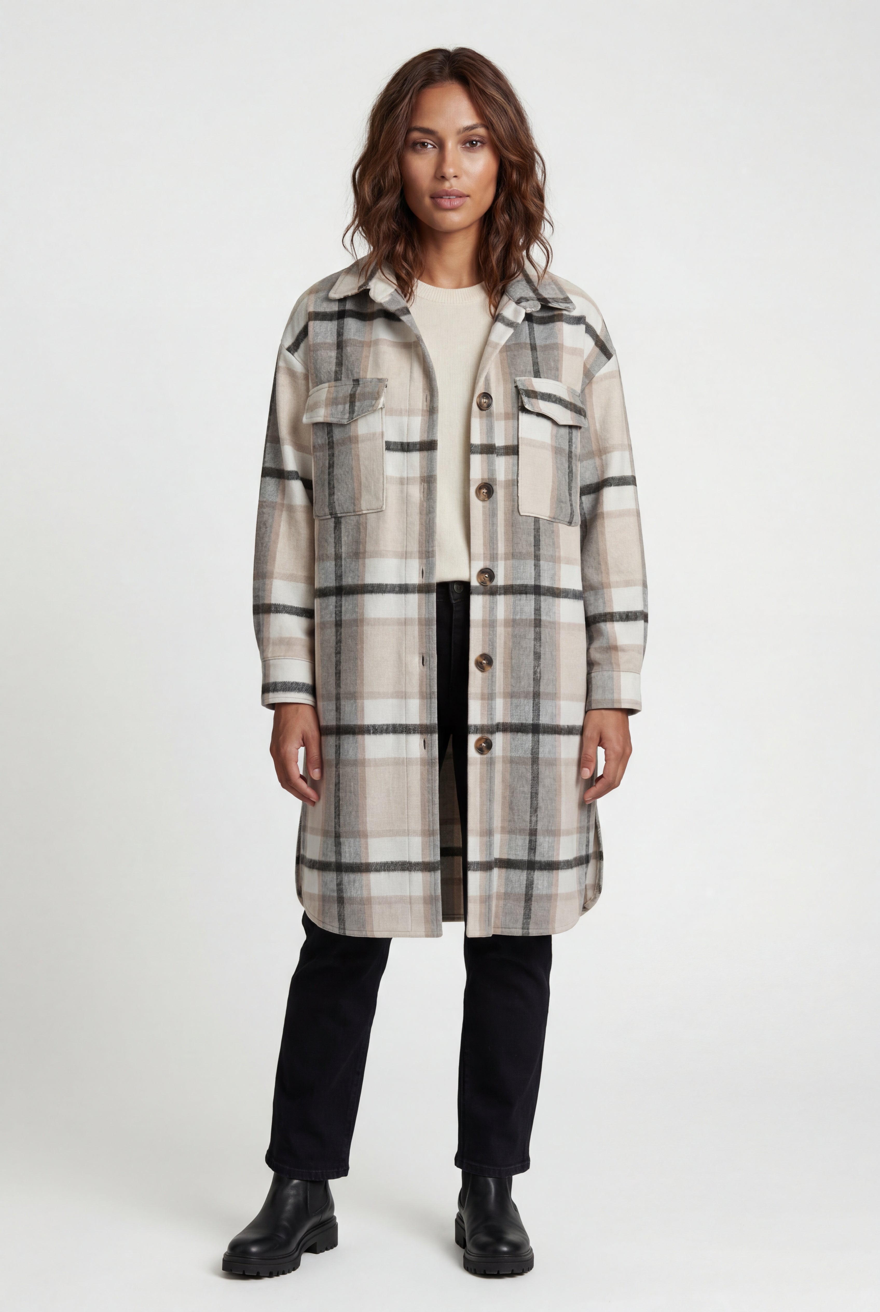 Kim | Oversized Plaid Shirt Coat with Patch Pockets
