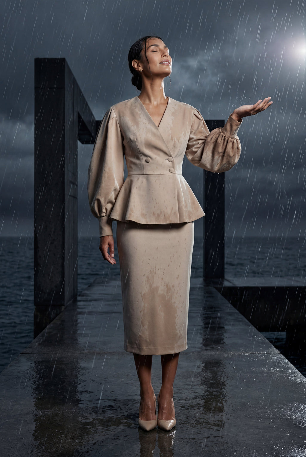 Peplum Blazer and Long Pencil Skirt Set with Balloon Sleeves | Elcevi