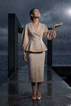 Peplum Blazer and Long Pencil Skirt Set with Balloon Sleeves | Elcevi