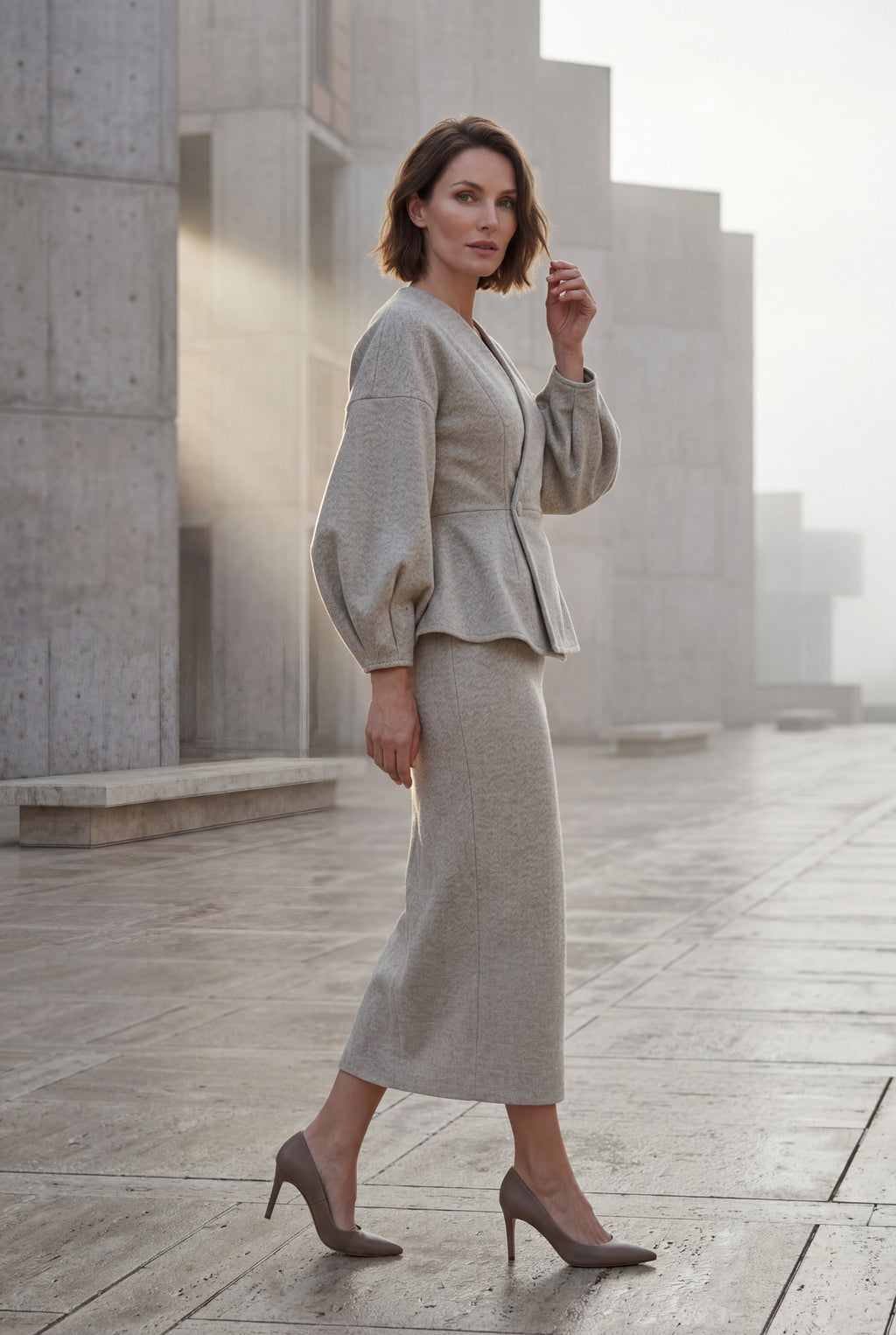 Peplum Blazer and Long Pencil Skirt Set with Balloon Sleeves | Elcevi