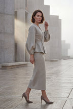Peplum Blazer and Long Pencil Skirt Set with Balloon Sleeves | Elcevi