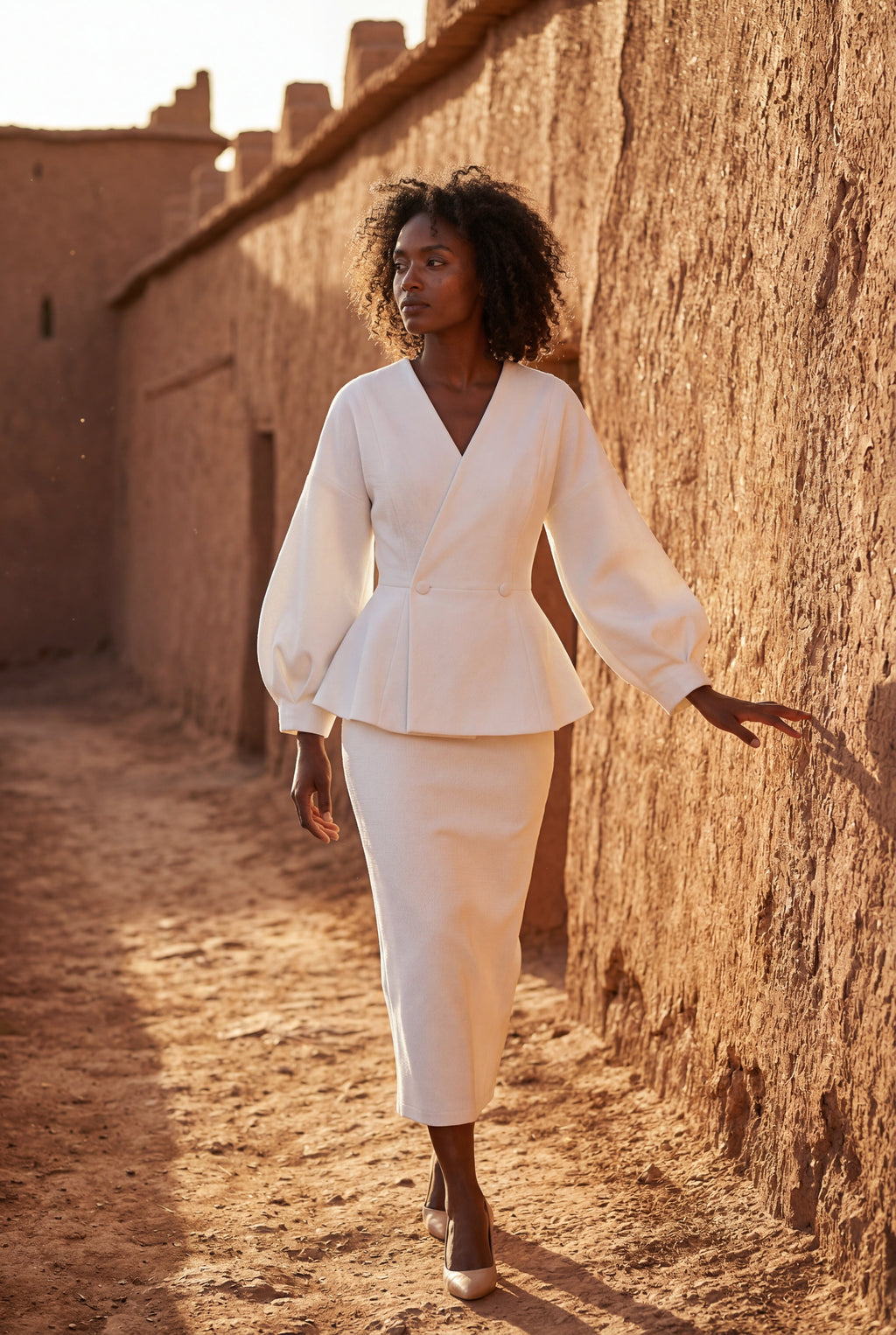 Peplum Blazer and Long Pencil Skirt Set with Balloon Sleeves | Elcevi