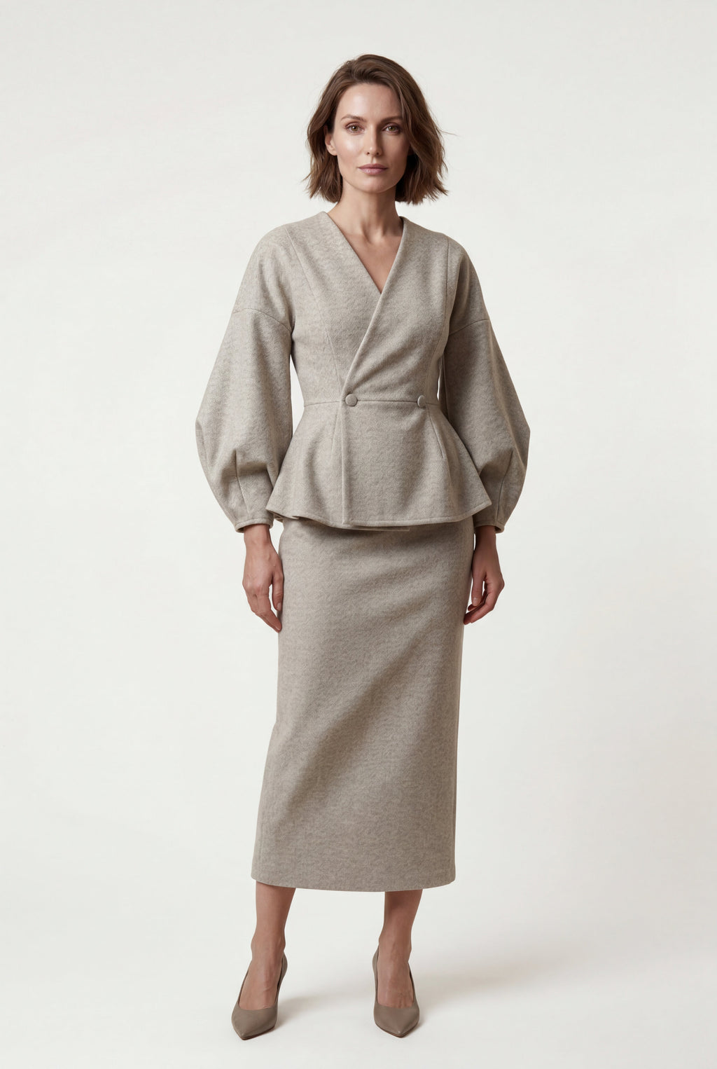 Peplum Blazer and Long Pencil Skirt Set with Balloon Sleeves | Elcevi