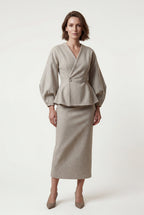 Peplum Blazer and Long Pencil Skirt Set with Balloon Sleeves | Elcevi