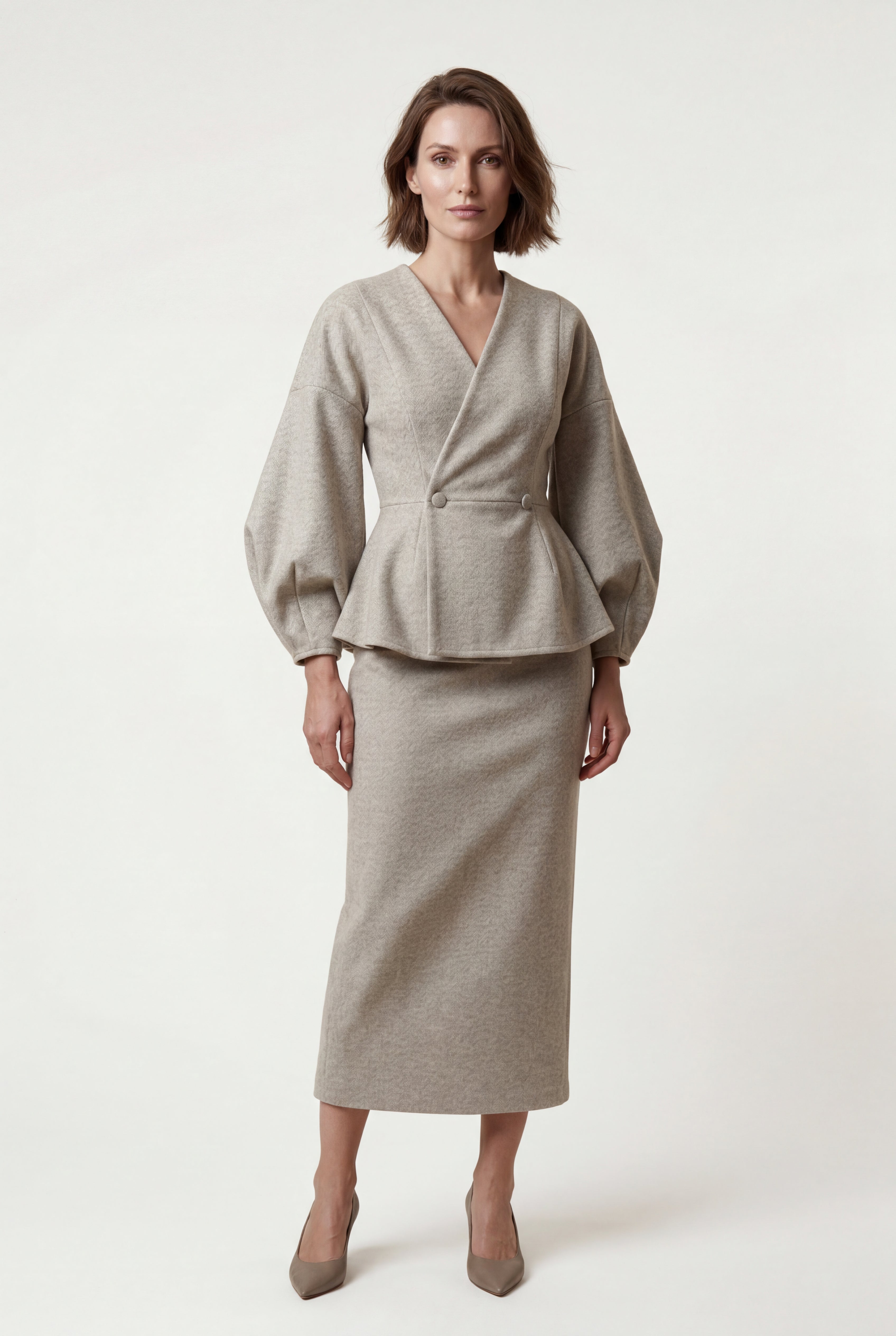 Peplum Blazer and Long Pencil Skirt Set with Balloon Sleeves | Elcevi