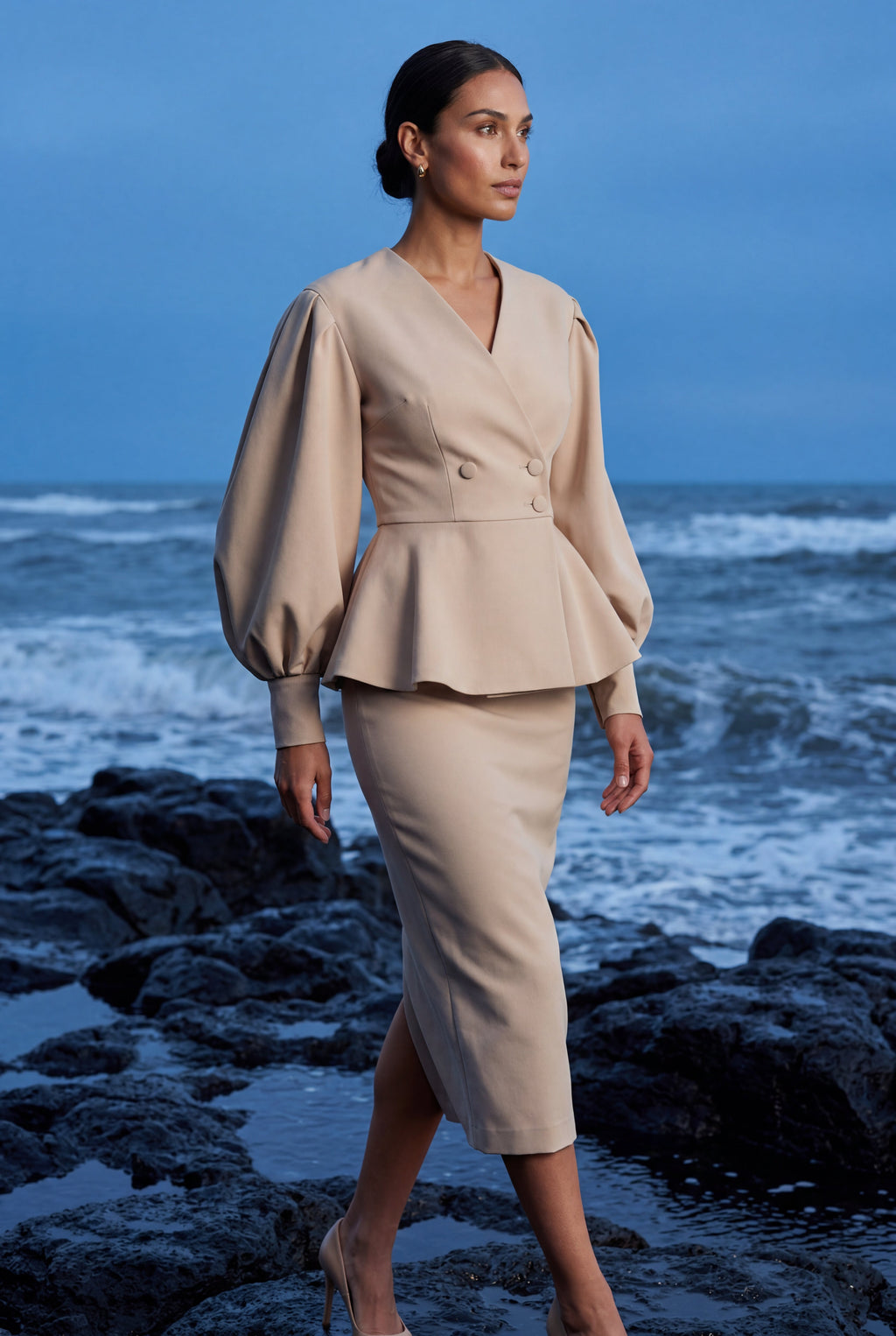 Peplum Blazer and Long Pencil Skirt Set with Balloon Sleeves | Elcevi