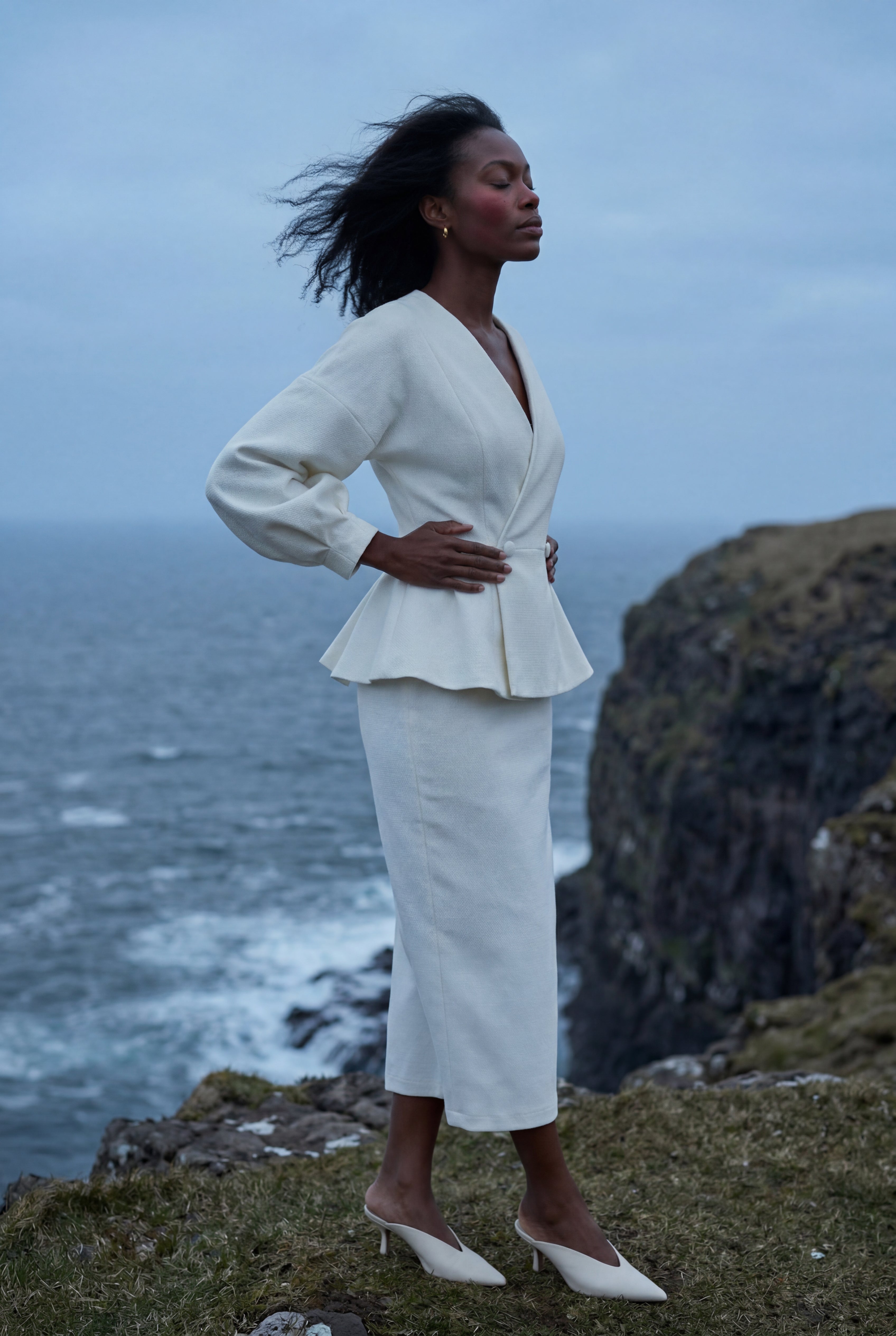 Peplum Blazer and Long Pencil Skirt Set with Balloon Sleeves | Elcevi