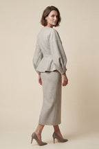 Peplum Blazer and Long Pencil Skirt Set with Balloon Sleeves | Elcevi