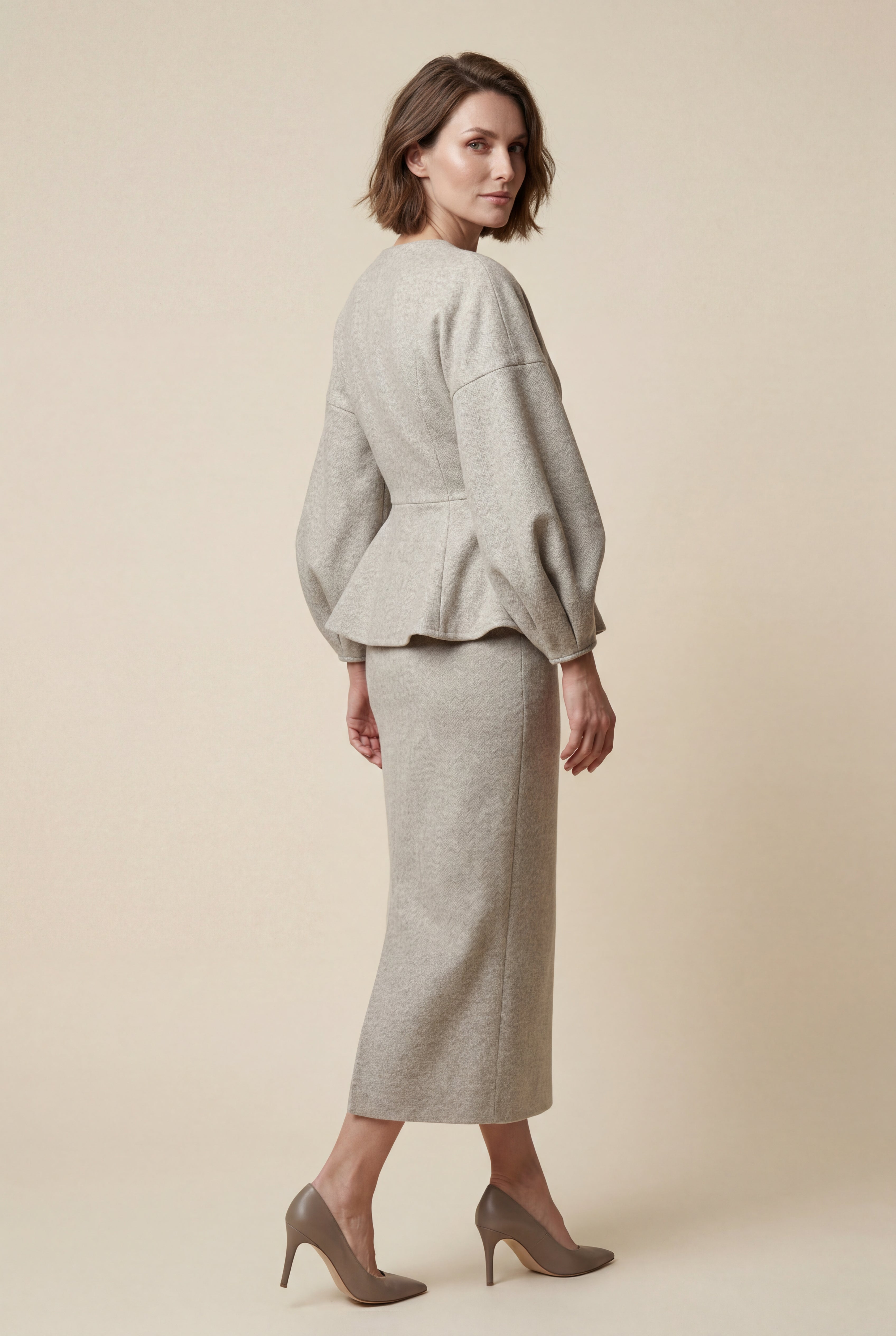 Peplum Blazer and Long Pencil Skirt Set with Balloon Sleeves | Elcevi