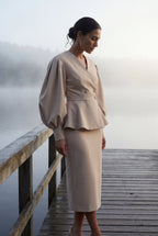 Peplum Blazer and Long Pencil Skirt Set with Balloon Sleeves | Elcevi