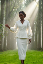 Peplum Blazer and Long Pencil Skirt Set with Balloon Sleeves | Elcevi