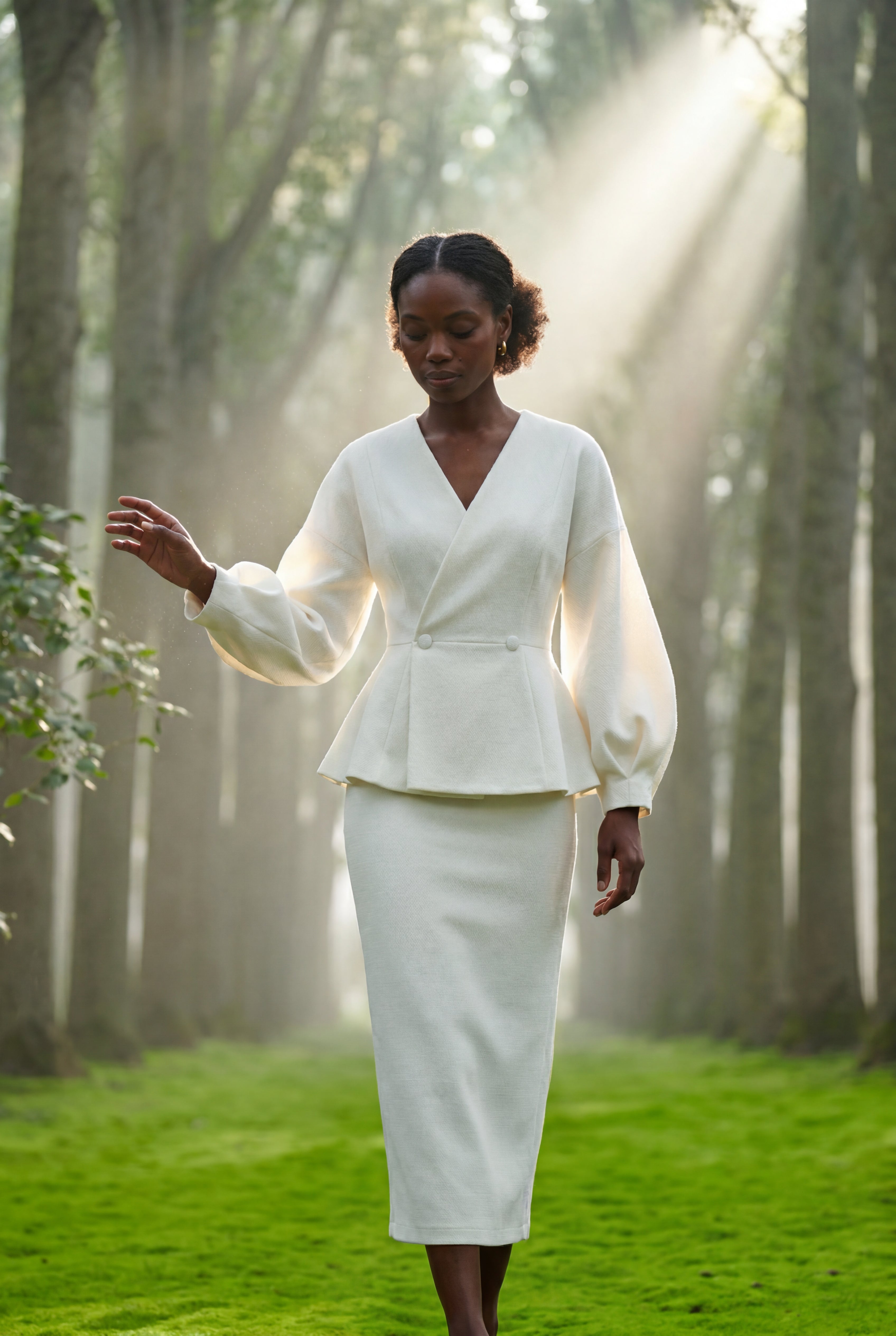 Peplum Blazer and Long Pencil Skirt Set with Balloon Sleeves | Elcevi