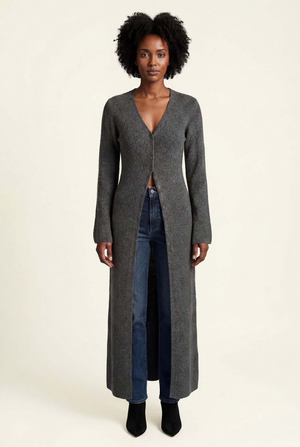 Ribbed Maxi Cardigan with Flared Sleeves | Senna