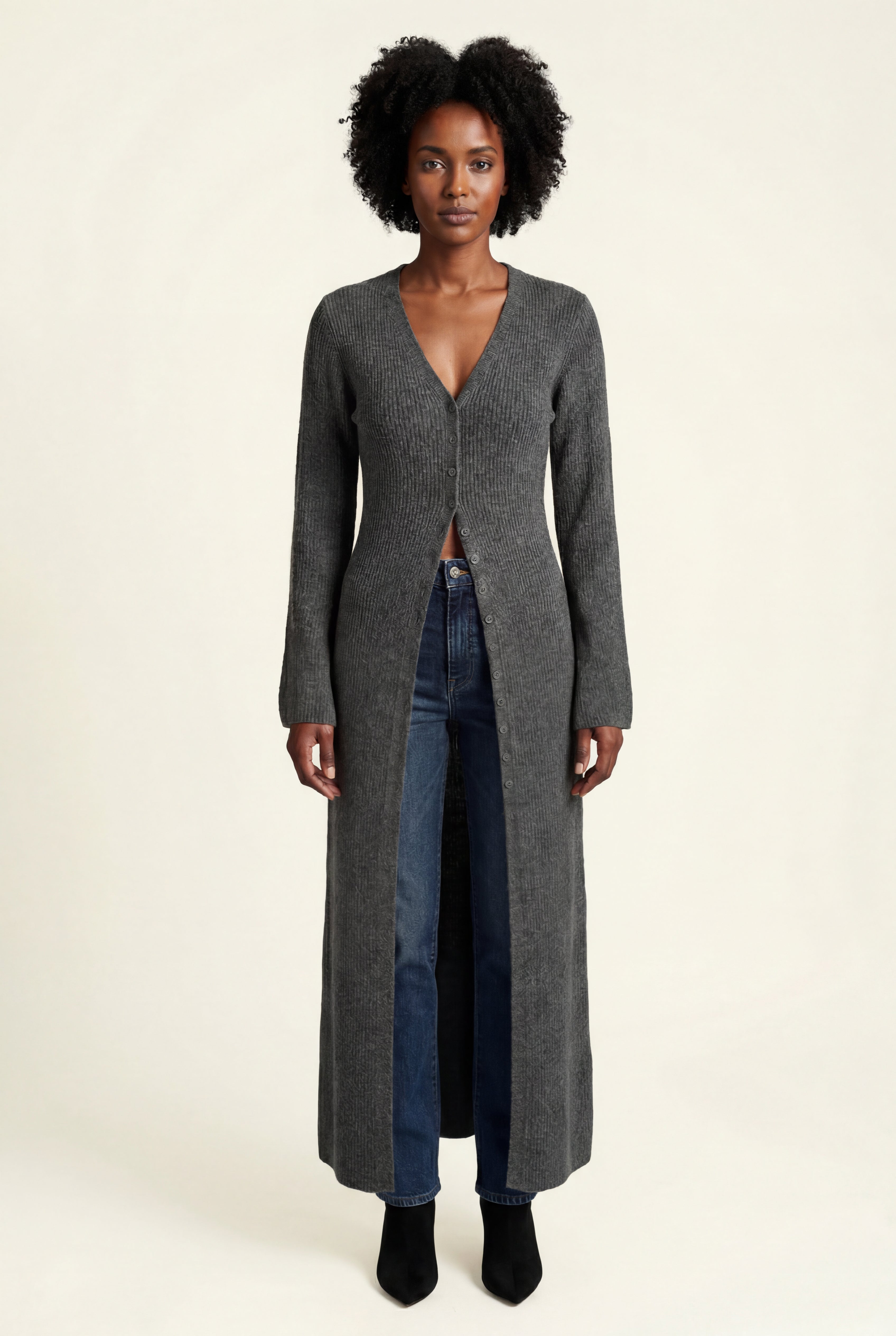 Ribbed Maxi Cardigan with Flared Sleeves | Senna