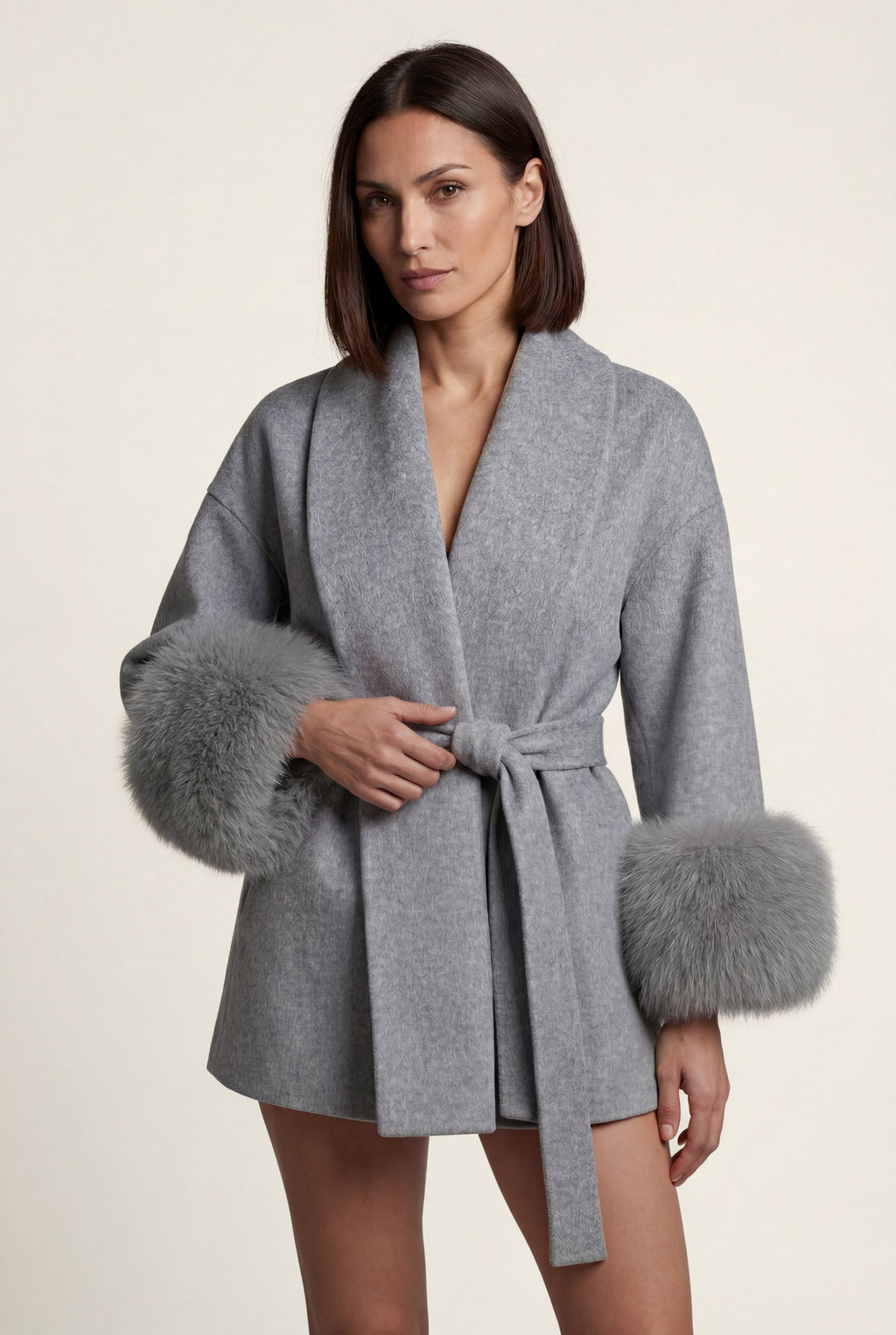 Shawl Collar Belted Faux Fur Cuff Wrap Coat | Senna