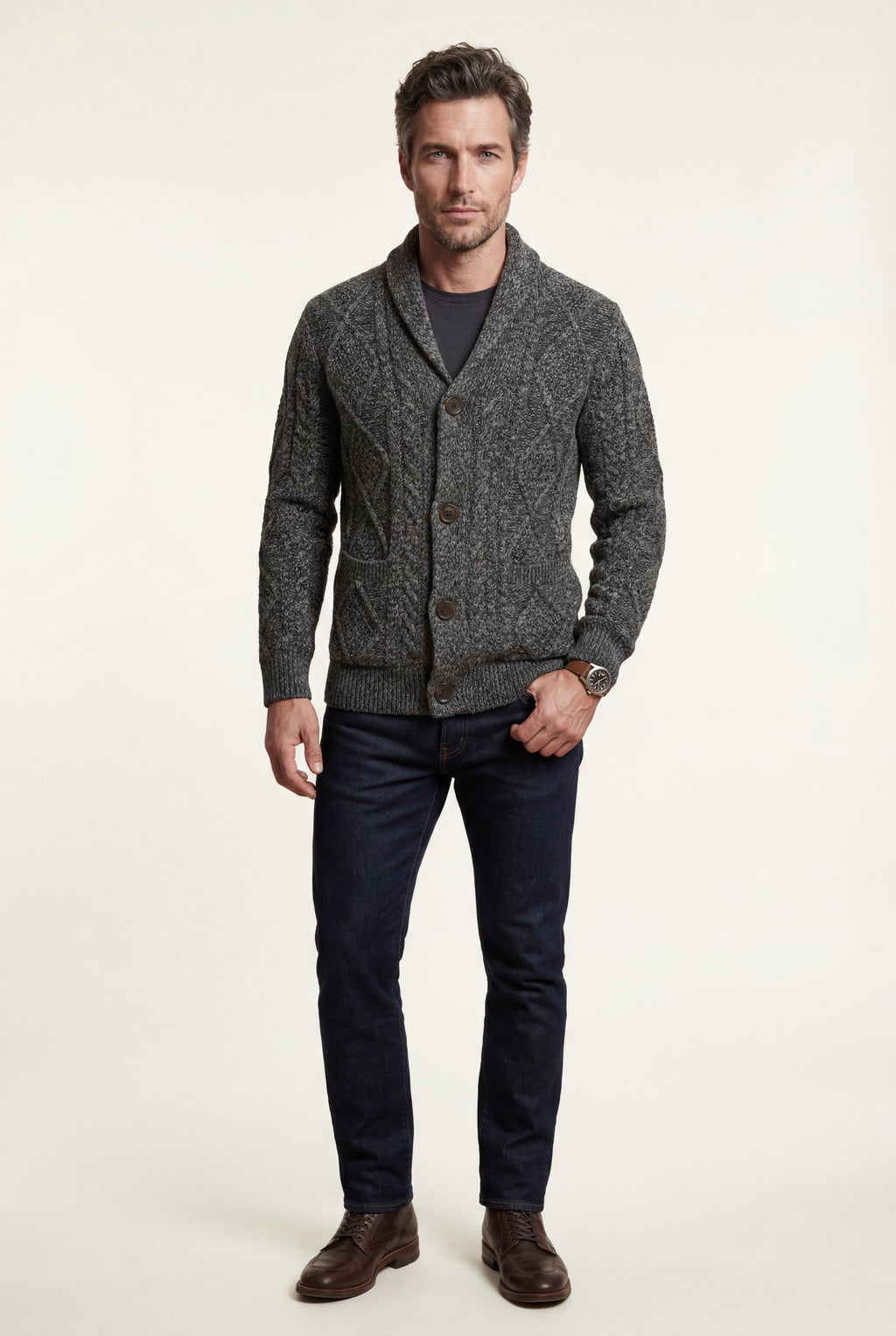 Liam | Shawl Collar Cable Button Cardigan