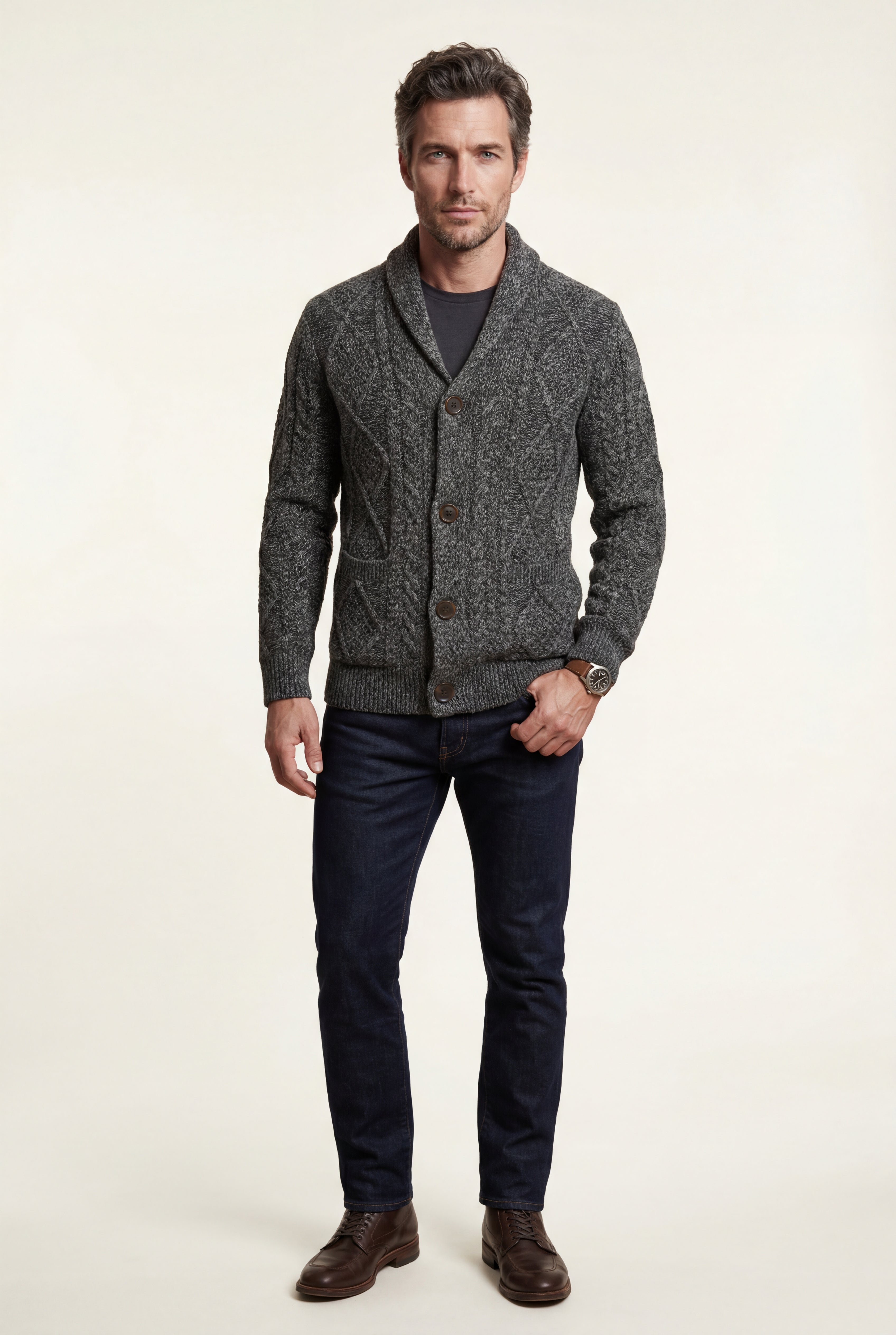 Liam | Shawl Collar Cable Button Cardigan