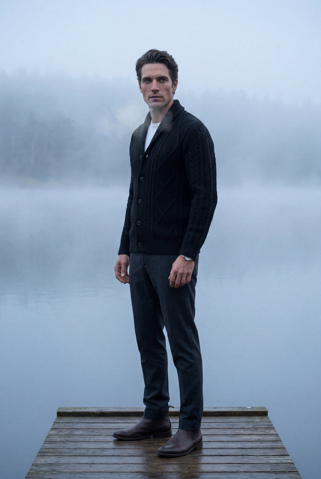 Liam | Shawl Collar Cable Button Cardigan