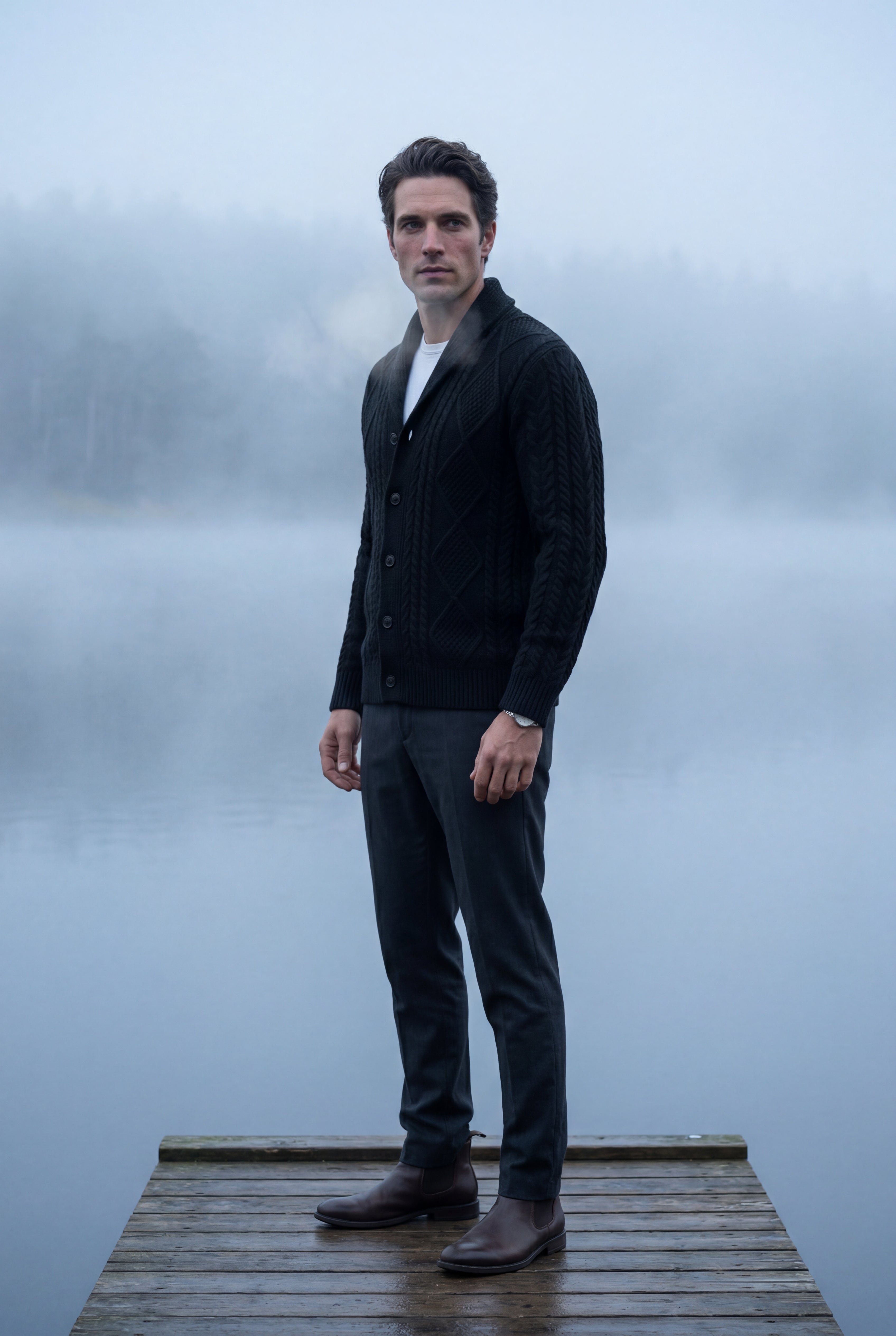 Liam | Shawl Collar Cable Button Cardigan