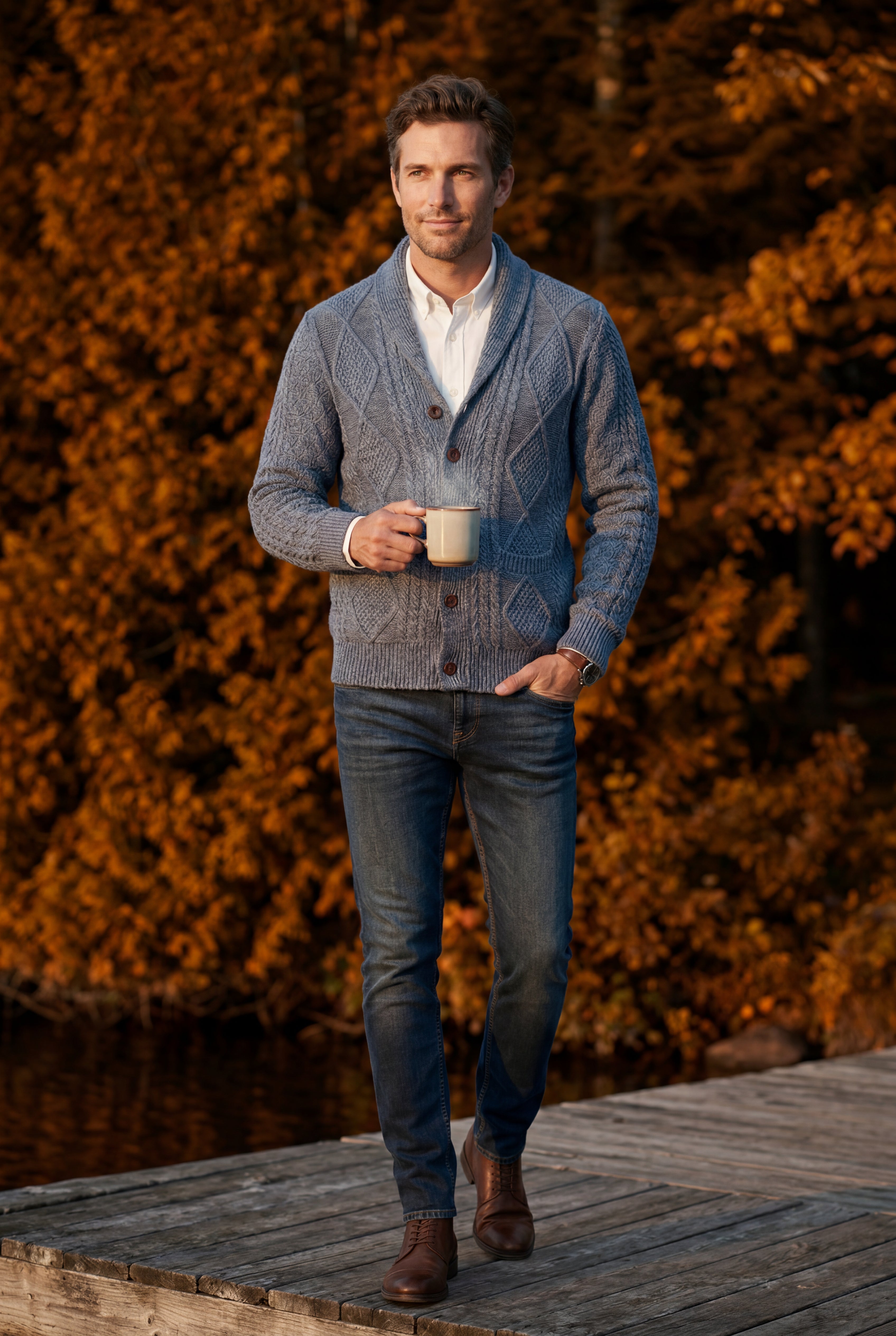 Liam | Shawl Collar Cable Button Cardigan