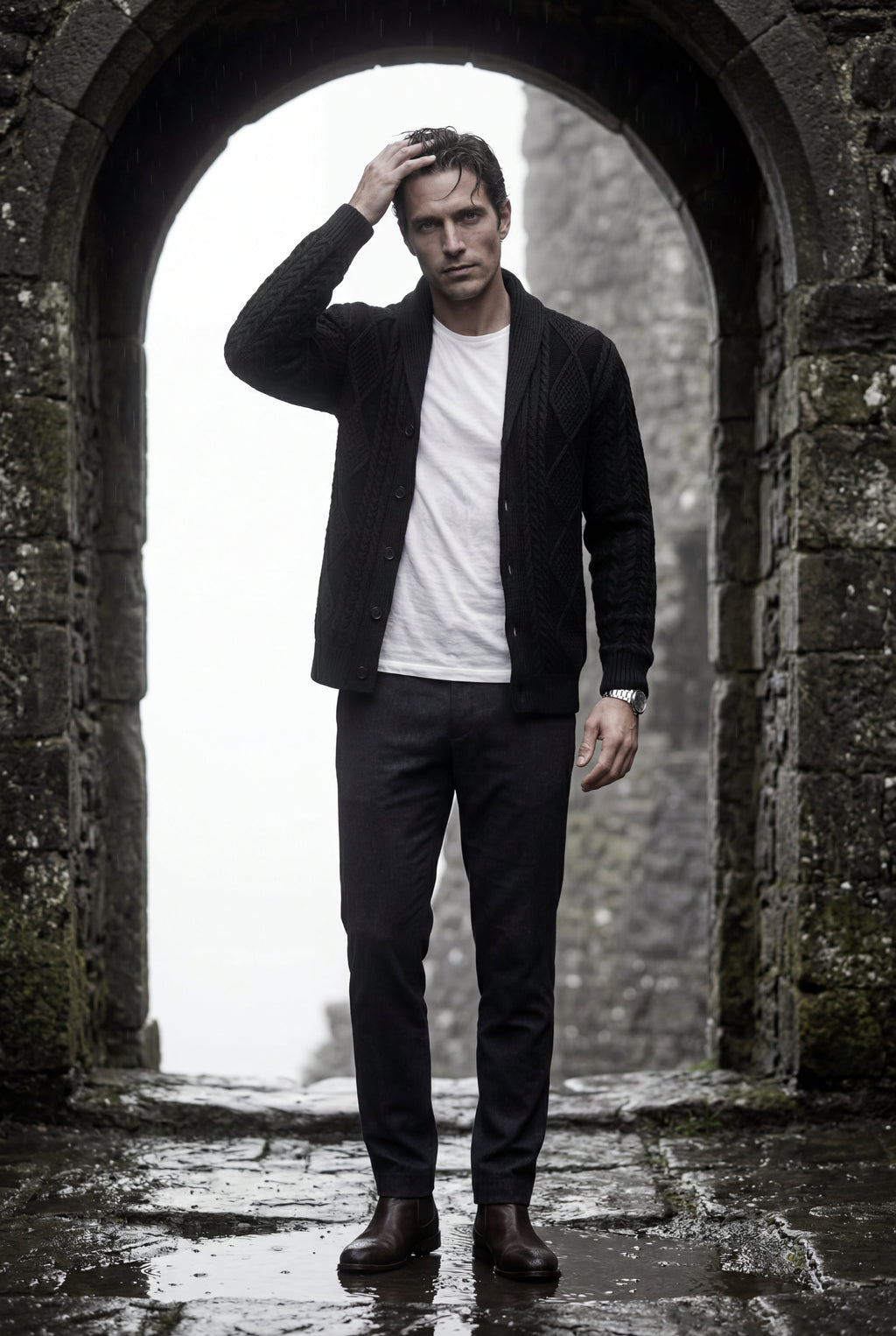 Liam | Shawl Collar Cable Button Cardigan