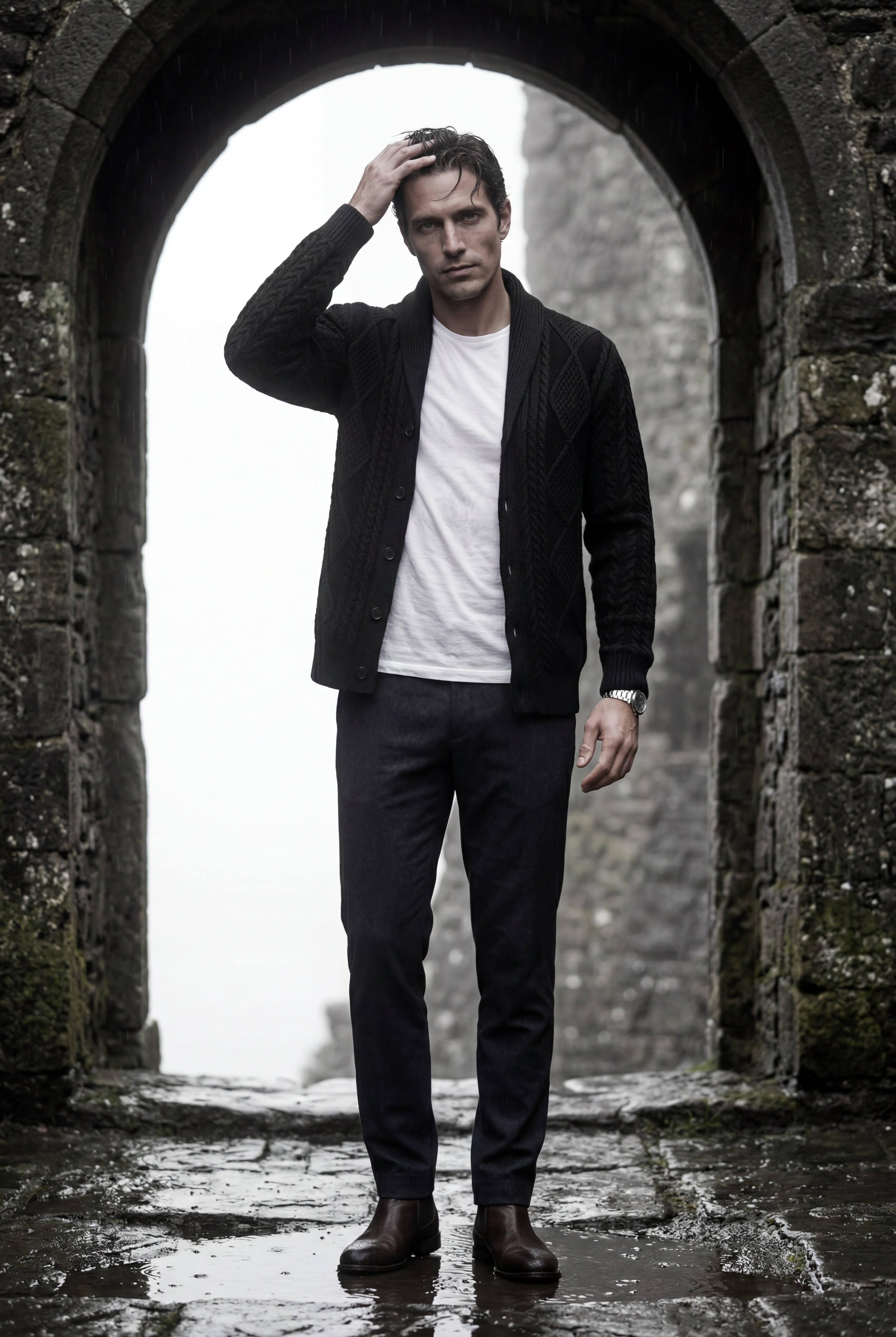 Liam | Shawl Collar Cable Button Cardigan