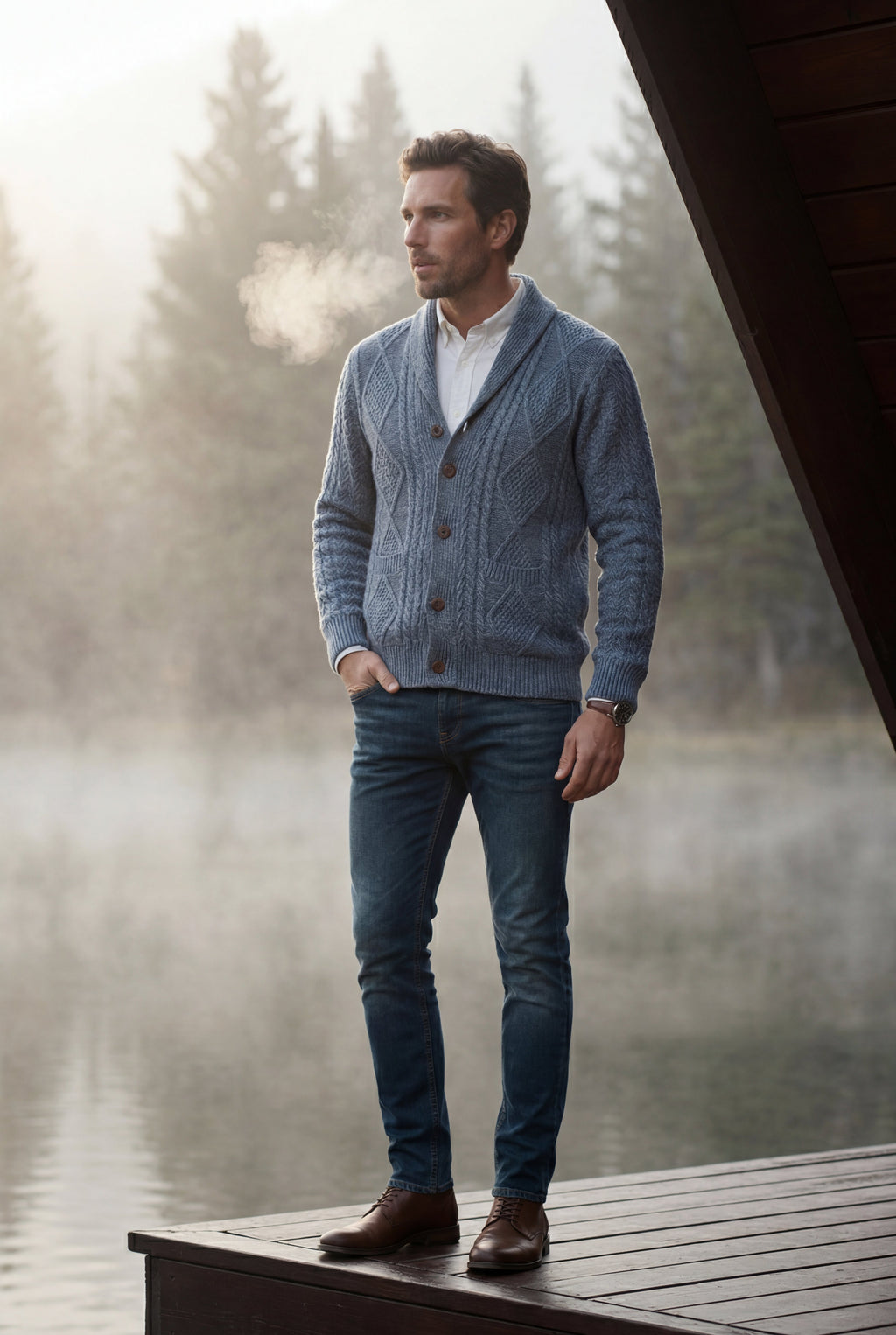 Liam | Shawl Collar Cable Button Cardigan