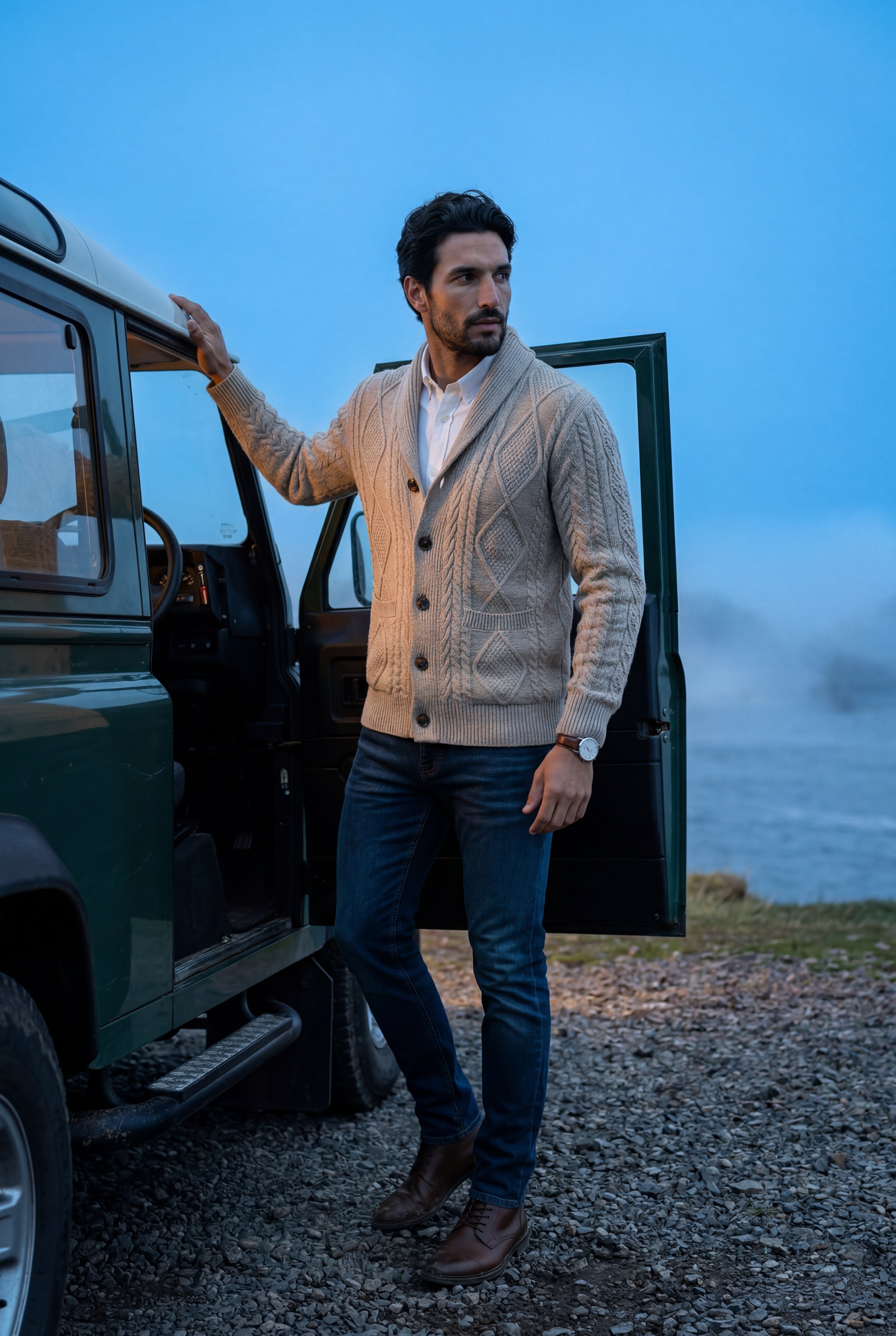 Liam | Shawl Collar Cable Button Cardigan