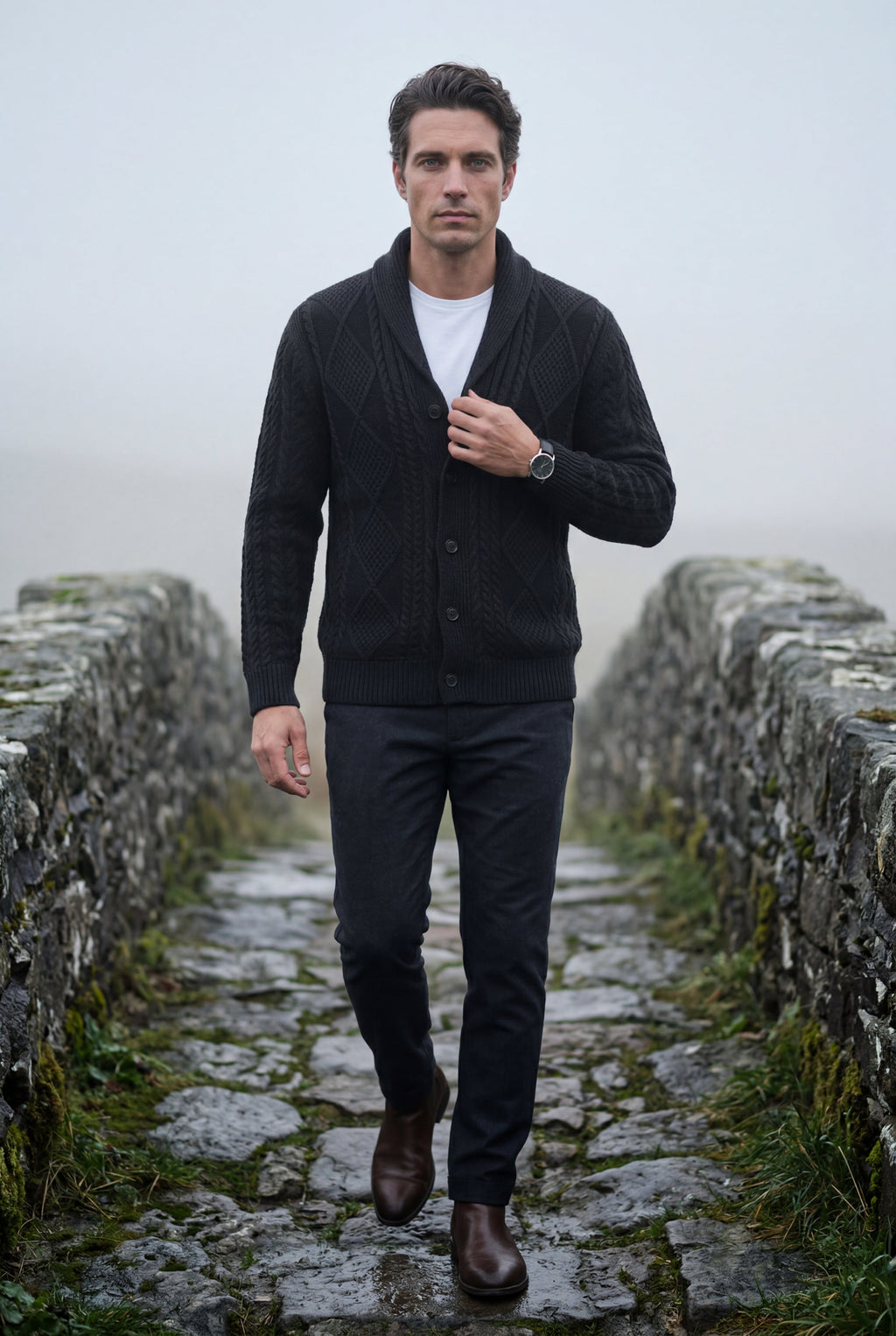 Liam | Shawl Collar Cable Button Cardigan